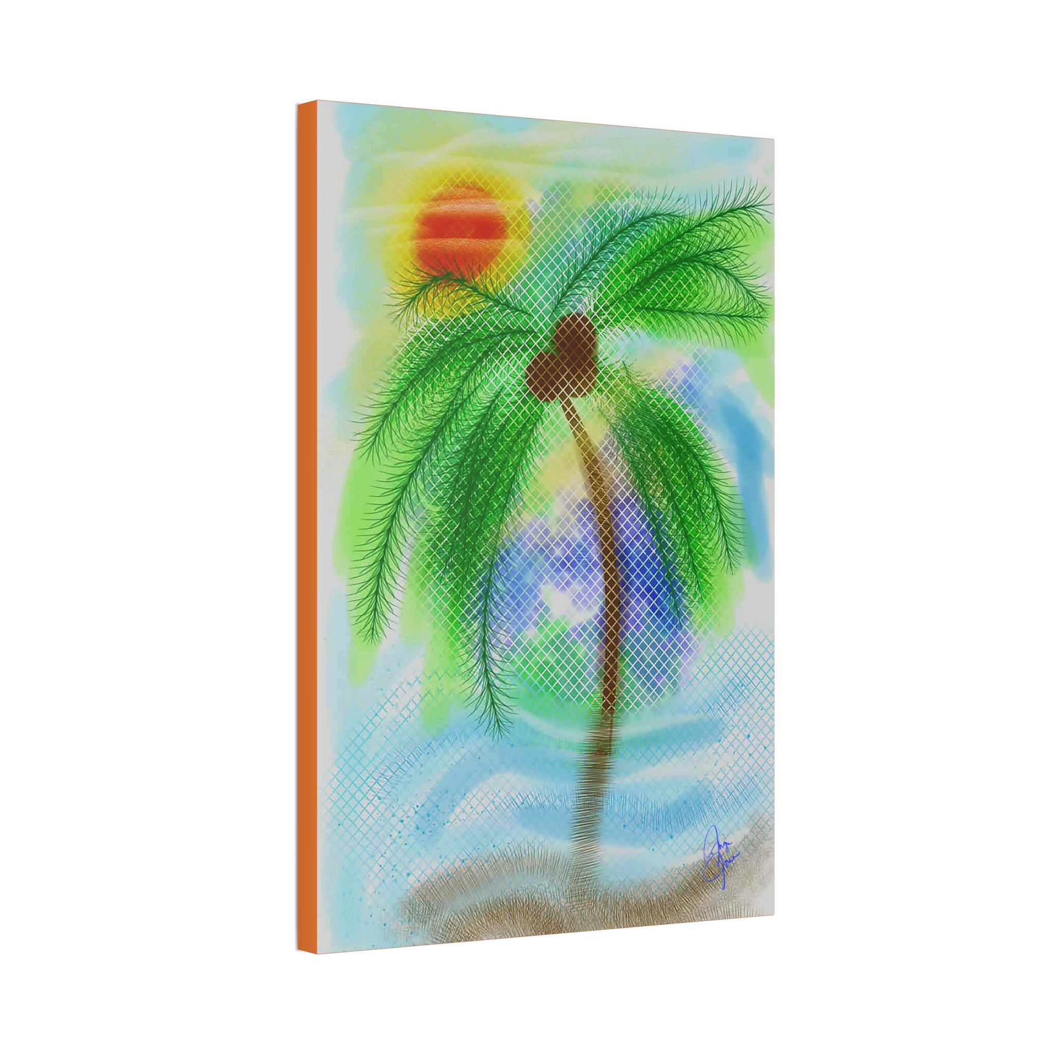Tropical Palm Canvas Print – Heart Coconut Sunset Wall Art, Stretched 1.5"