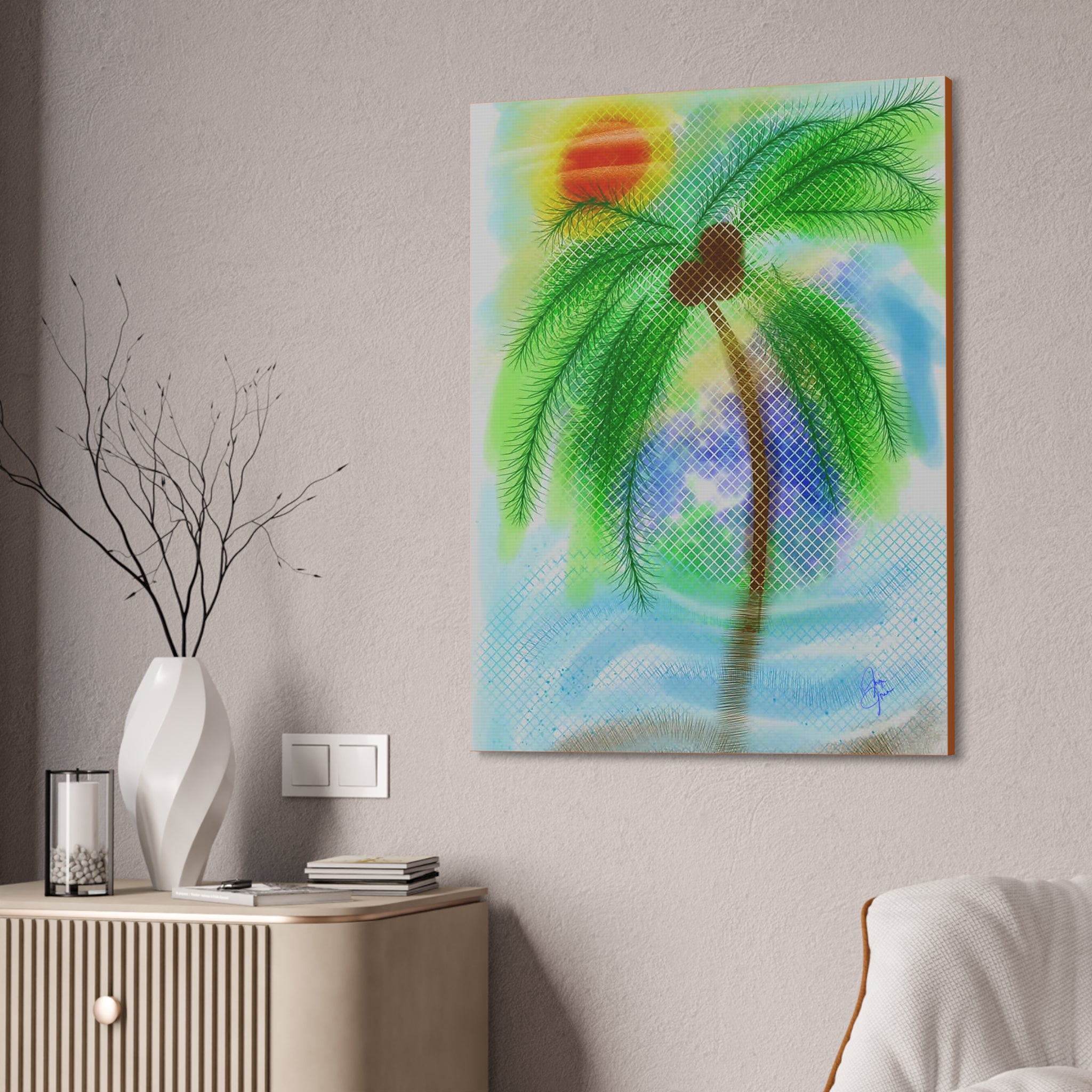 Tropical Palm Canvas Print – Heart Coconut Sunset Wall Art, Stretched 1.5"