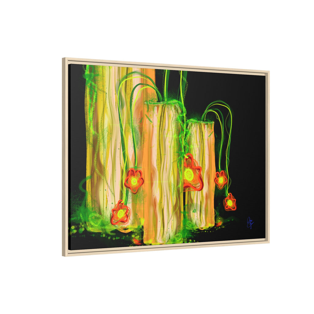 Framed Matte Canvas Print — Neon Floral Candlelight Art