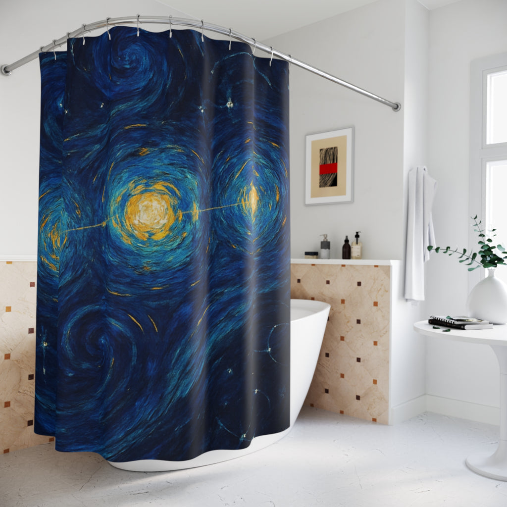 Starry Night Galaxy Shower Curtain — Swirling Blue Van Gogh-Inspired Bathroom Decor