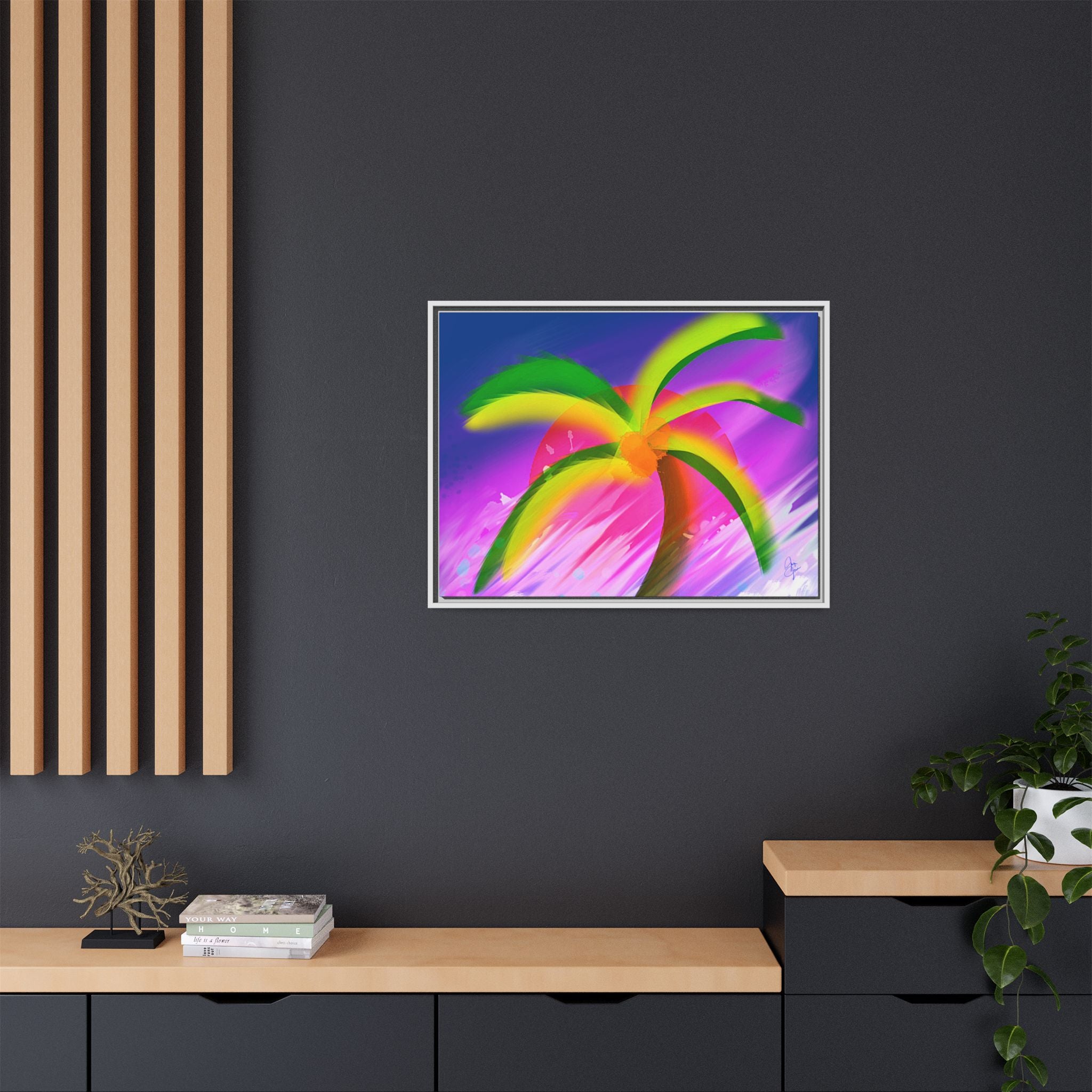 Framed Matte Canvas Print — Neon Palm Beach Art