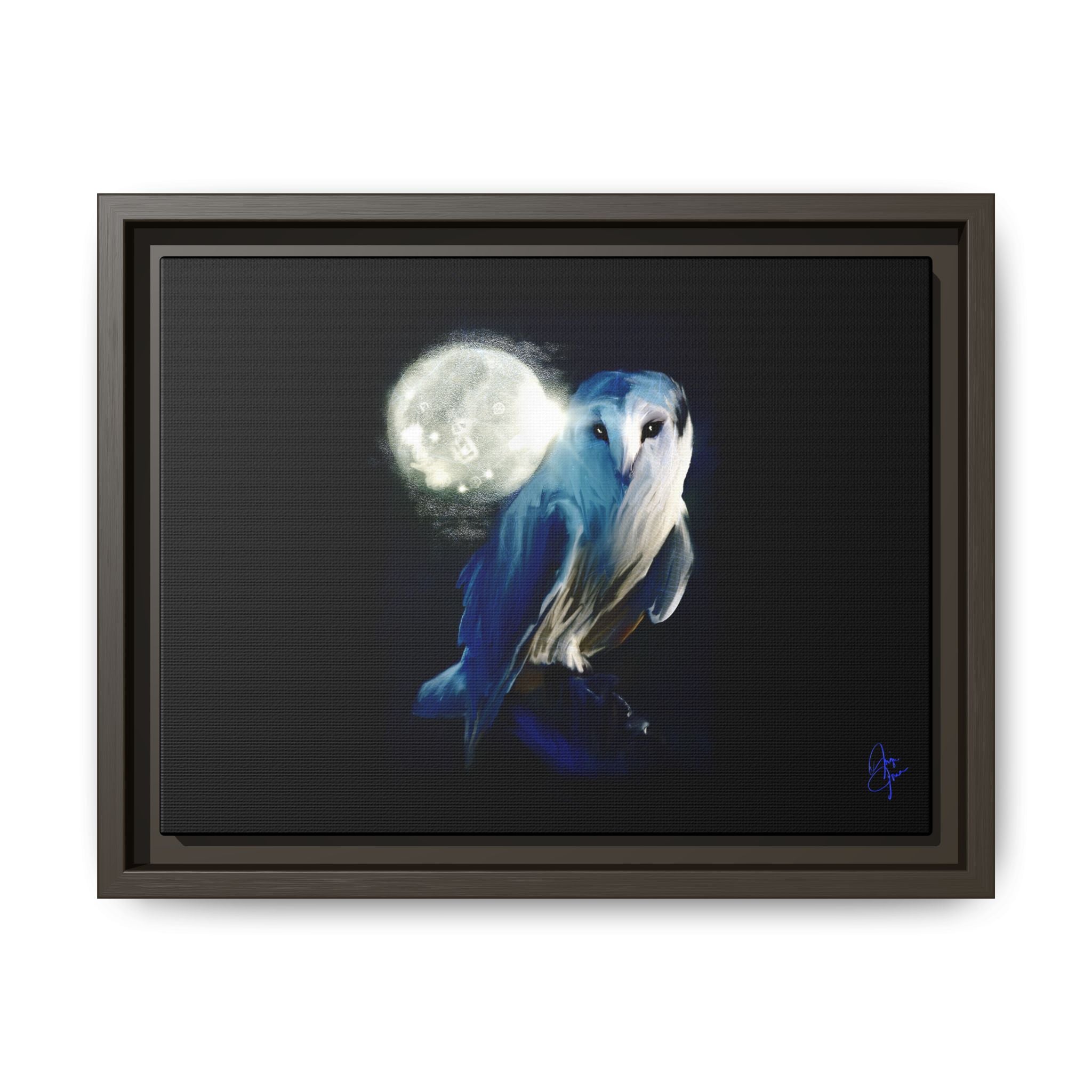 Moonlight Owl Matte Framed Canvas — Mystical Blue Owl Wall Art