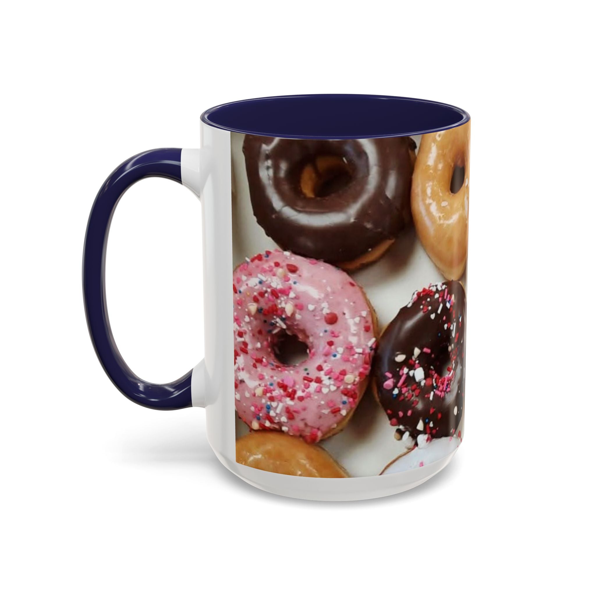 Donut Lover Accent Coffee Mug — Color Inside Rim & Handle, Photo-Print Assorted Donuts (11/15oz)
