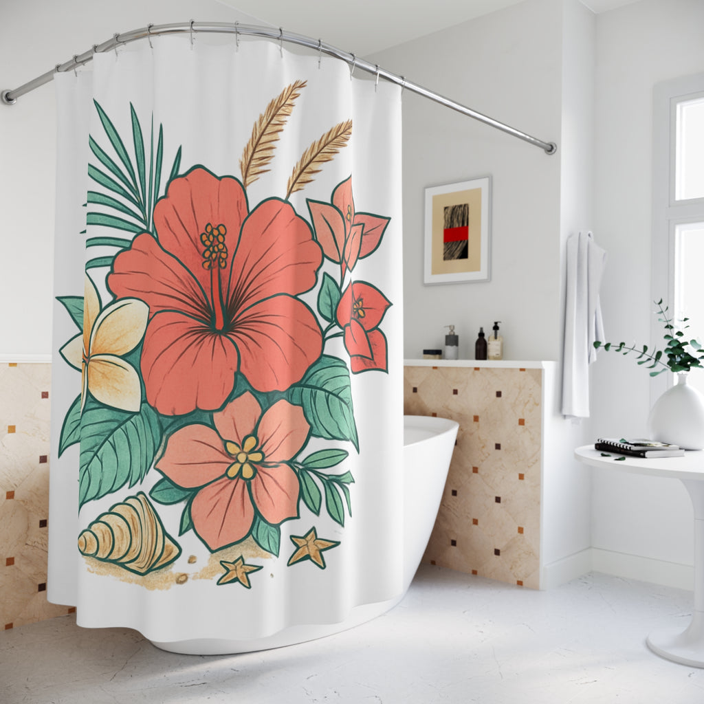Tropical Hibiscus Shower Curtain – Floral Beach Shell Bathroom Decor