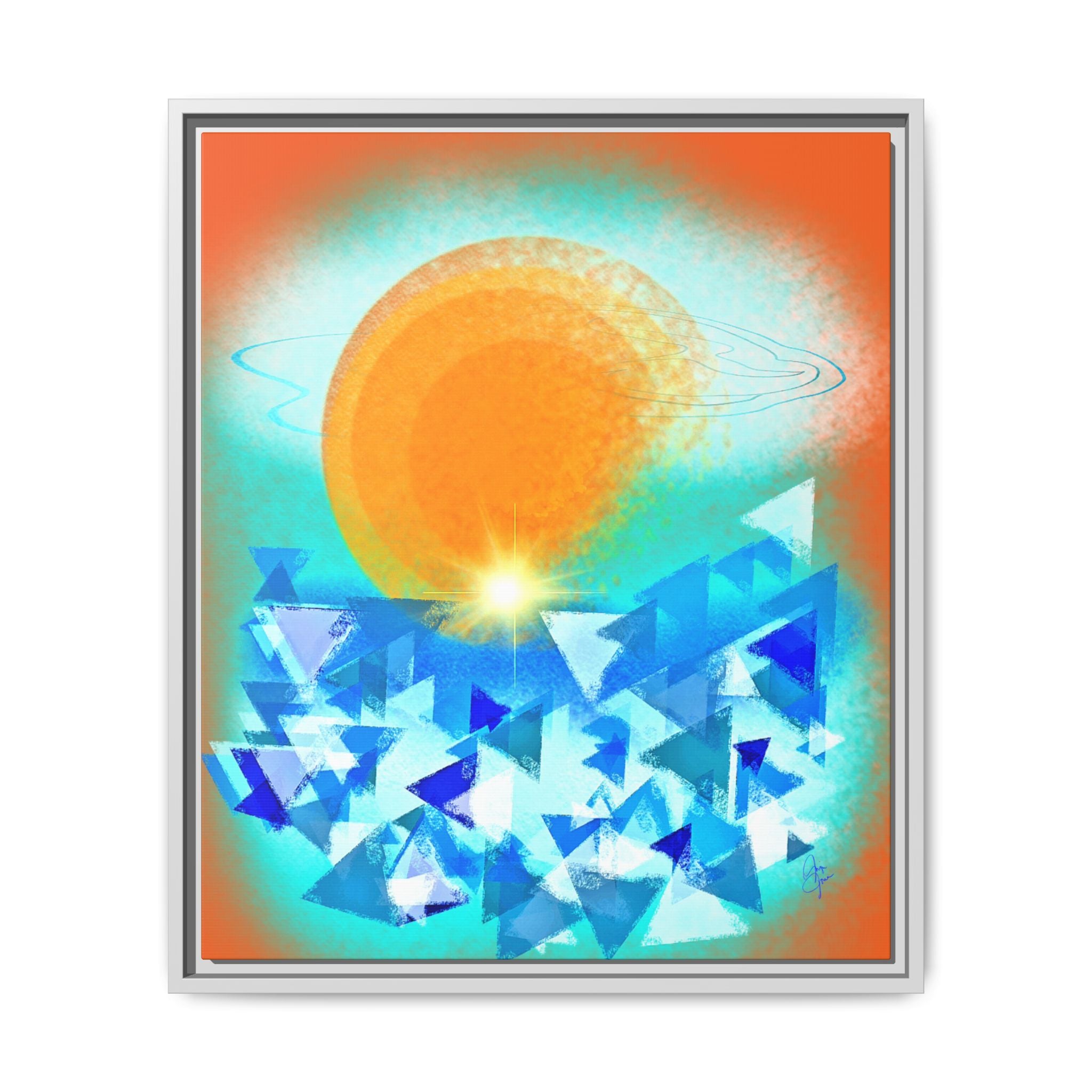 Abstract Sunrise Framed Canvas Art – Orange Sun Over Blue Geometric Waves