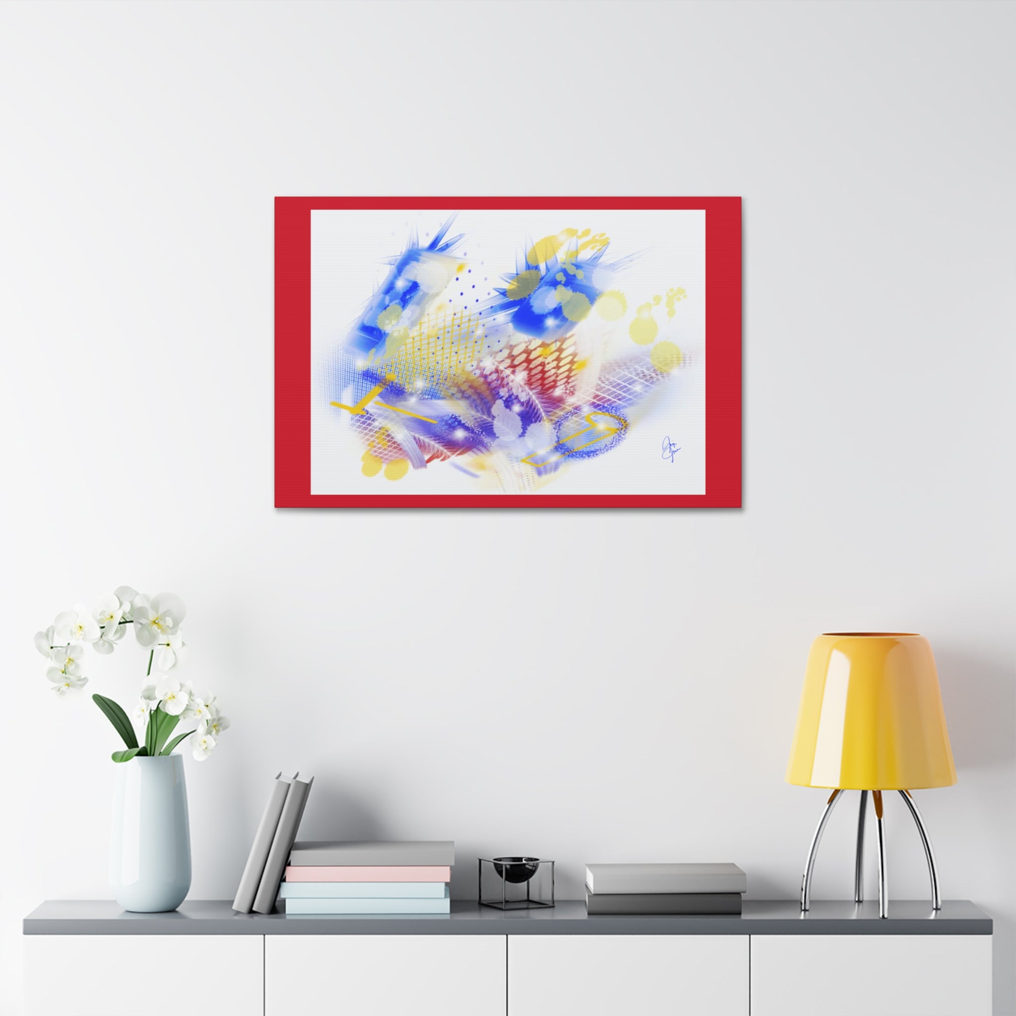 Abstract Blue & Yellow Art Canvas Print — Stretched 1.5" with Red Border
