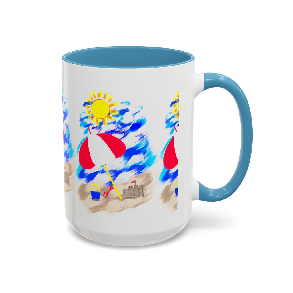 Beach Scene Coffee Mug – Summer Umbrella, Sun & Sandcastle Accent Mug