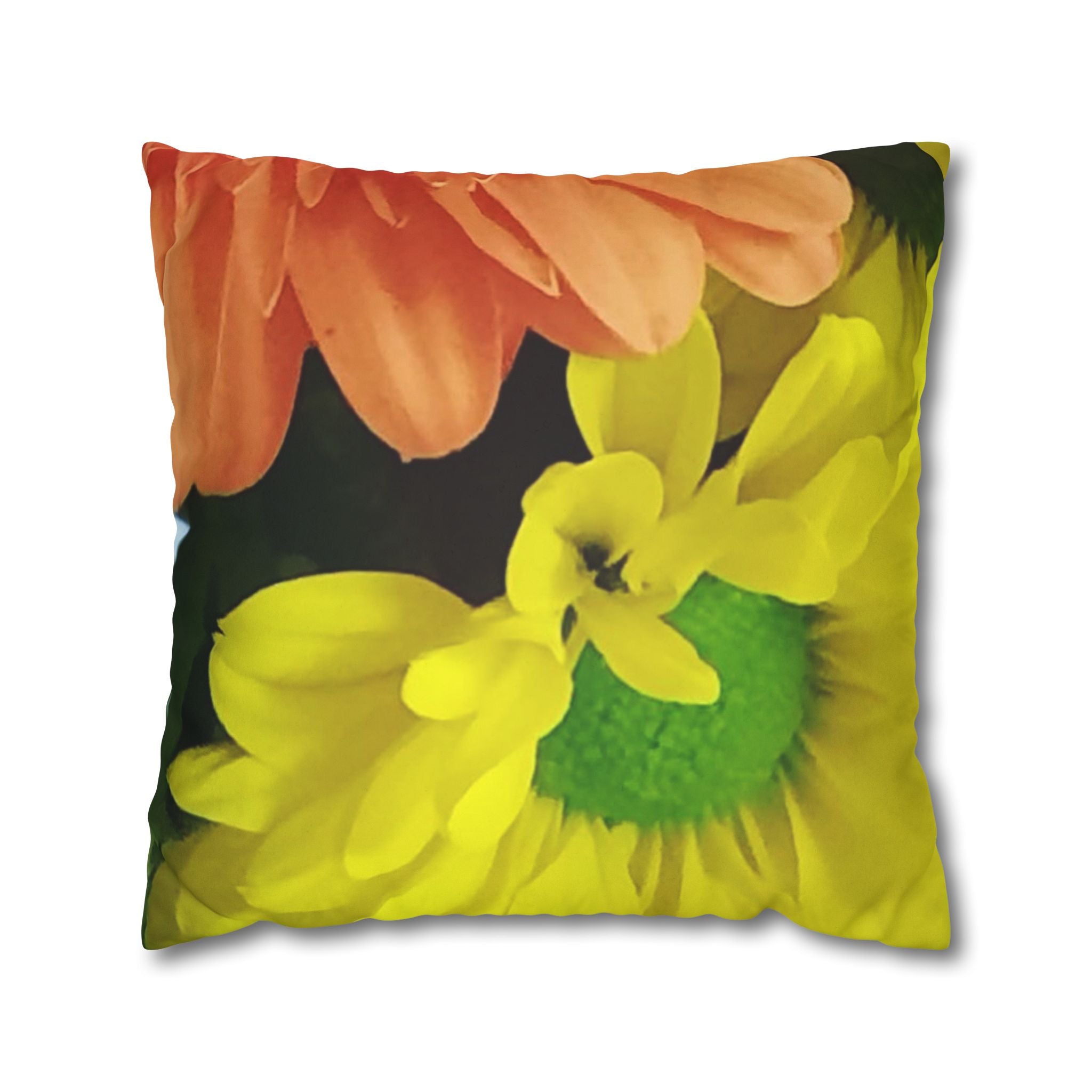 Floral Faux Suede Pillowcase — Yellow & Peach Daisy Accent Cushion Cover