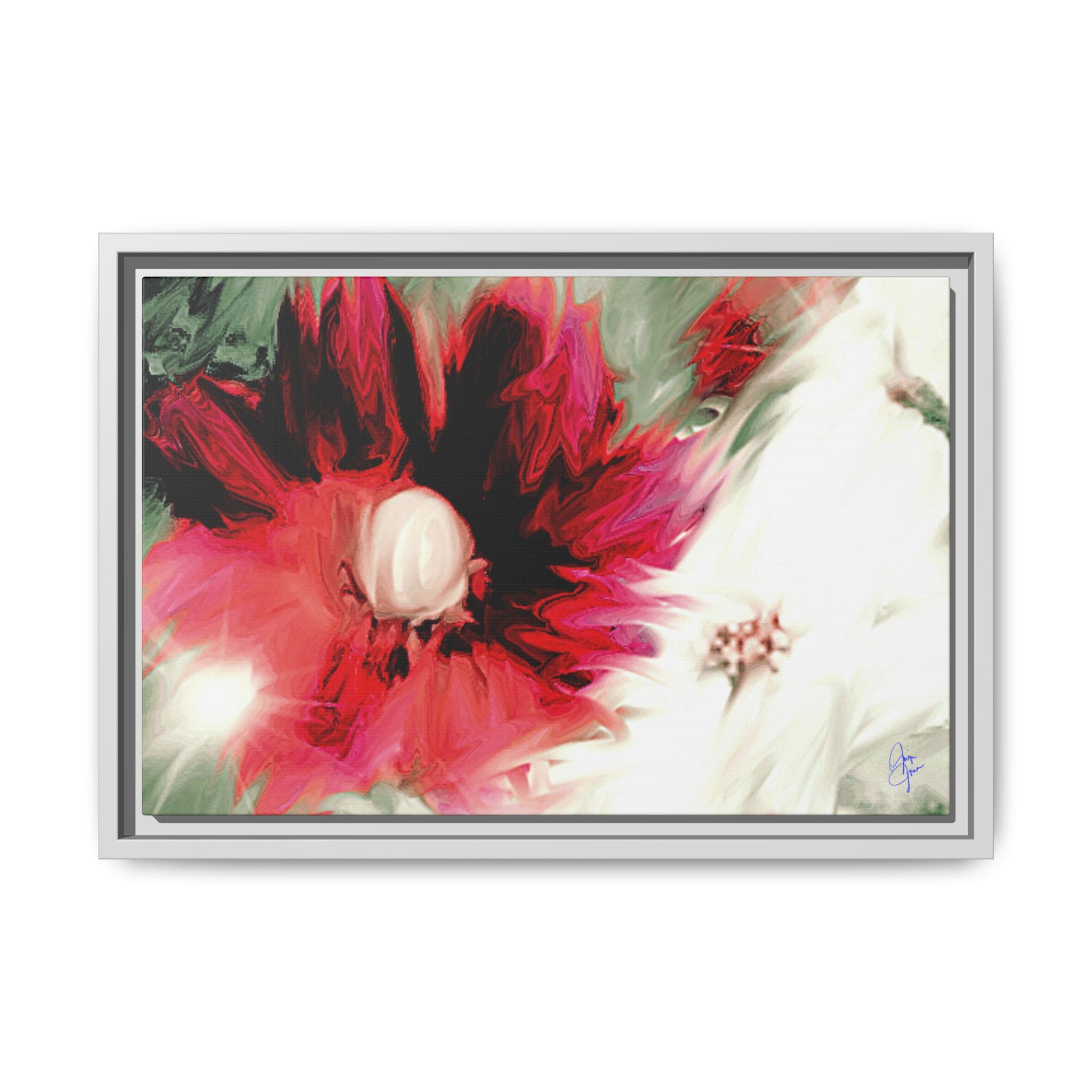 Framed Matte Canvas Print — Blurred Red & White Floral Art