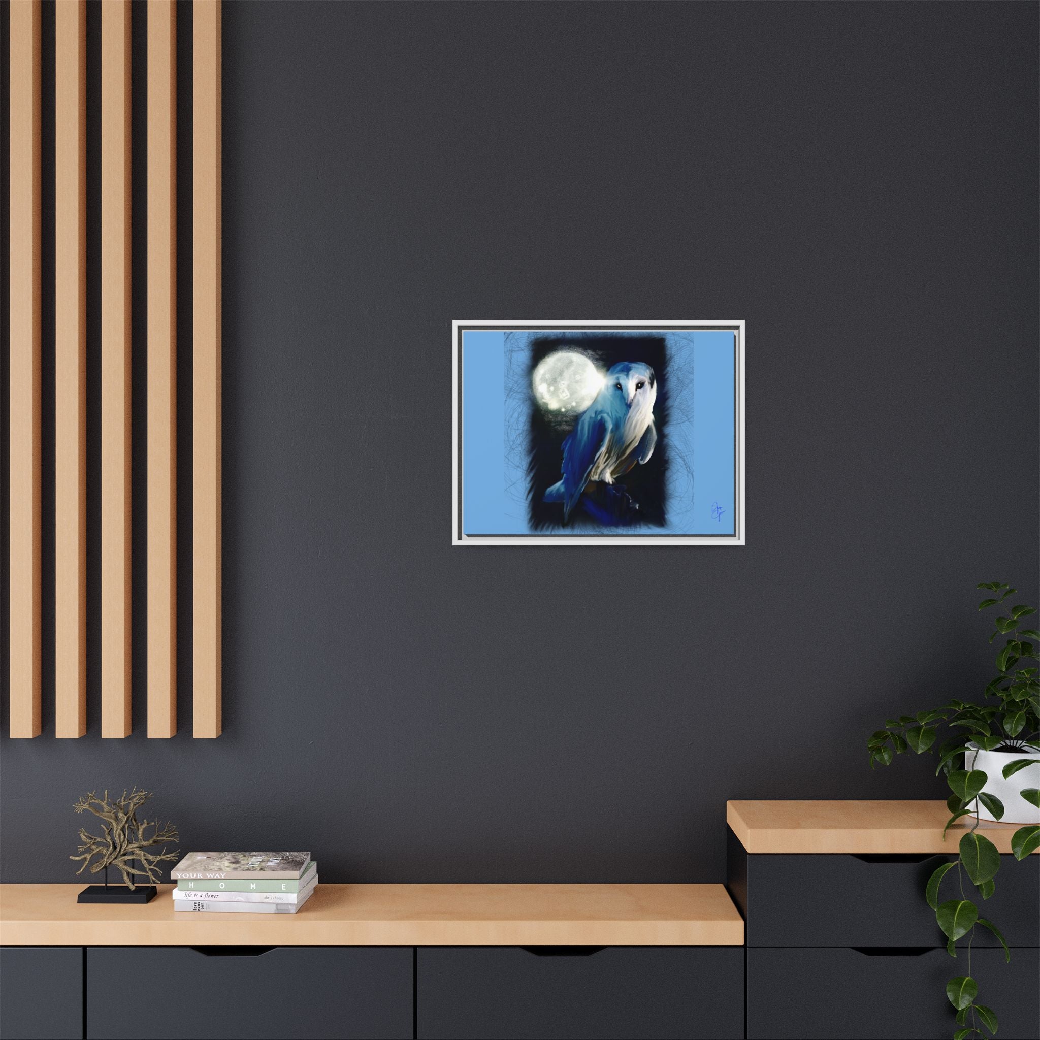 Moonlight Owl Matte Framed Canvas — Mystical Blue Owl Wall Art