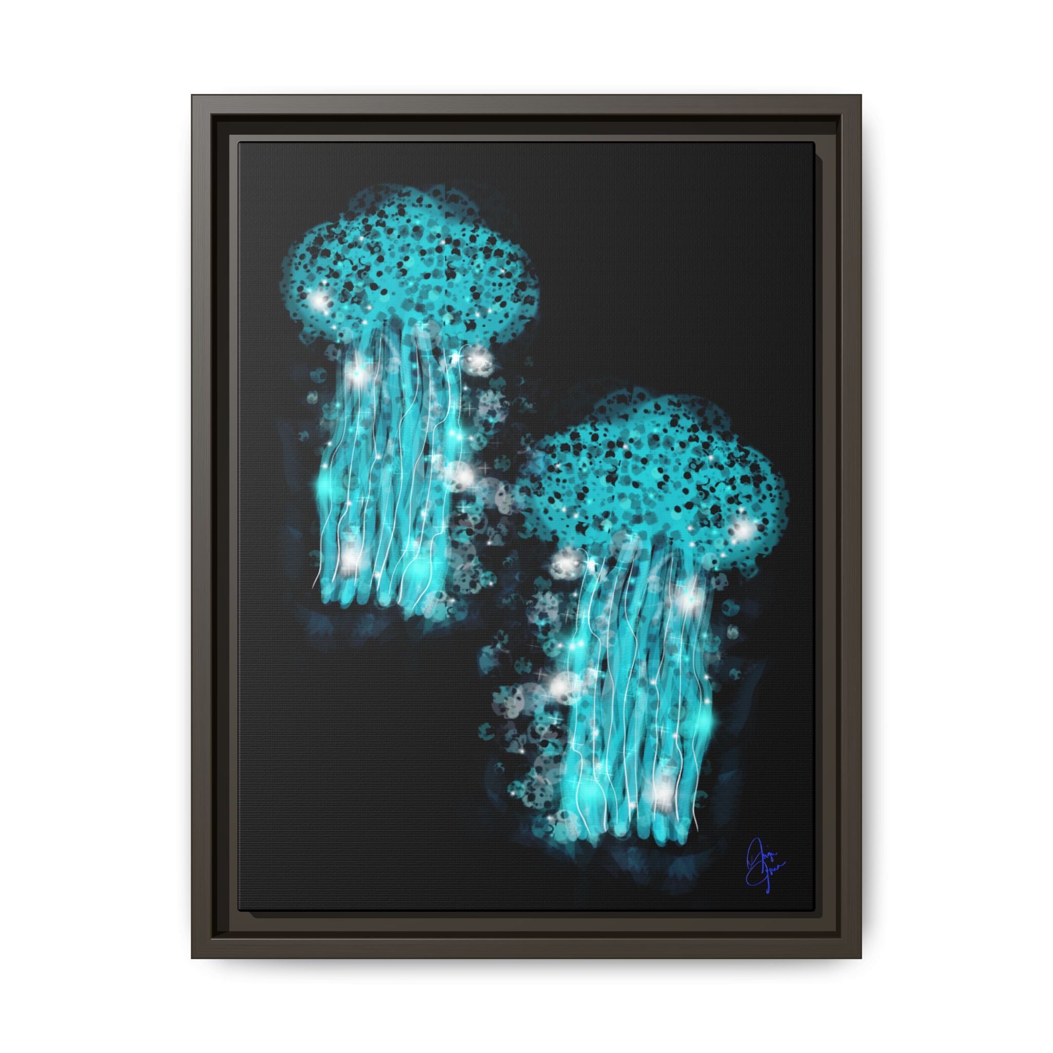 Glowing Jellyfish Art Print — Framed Matte Canvas