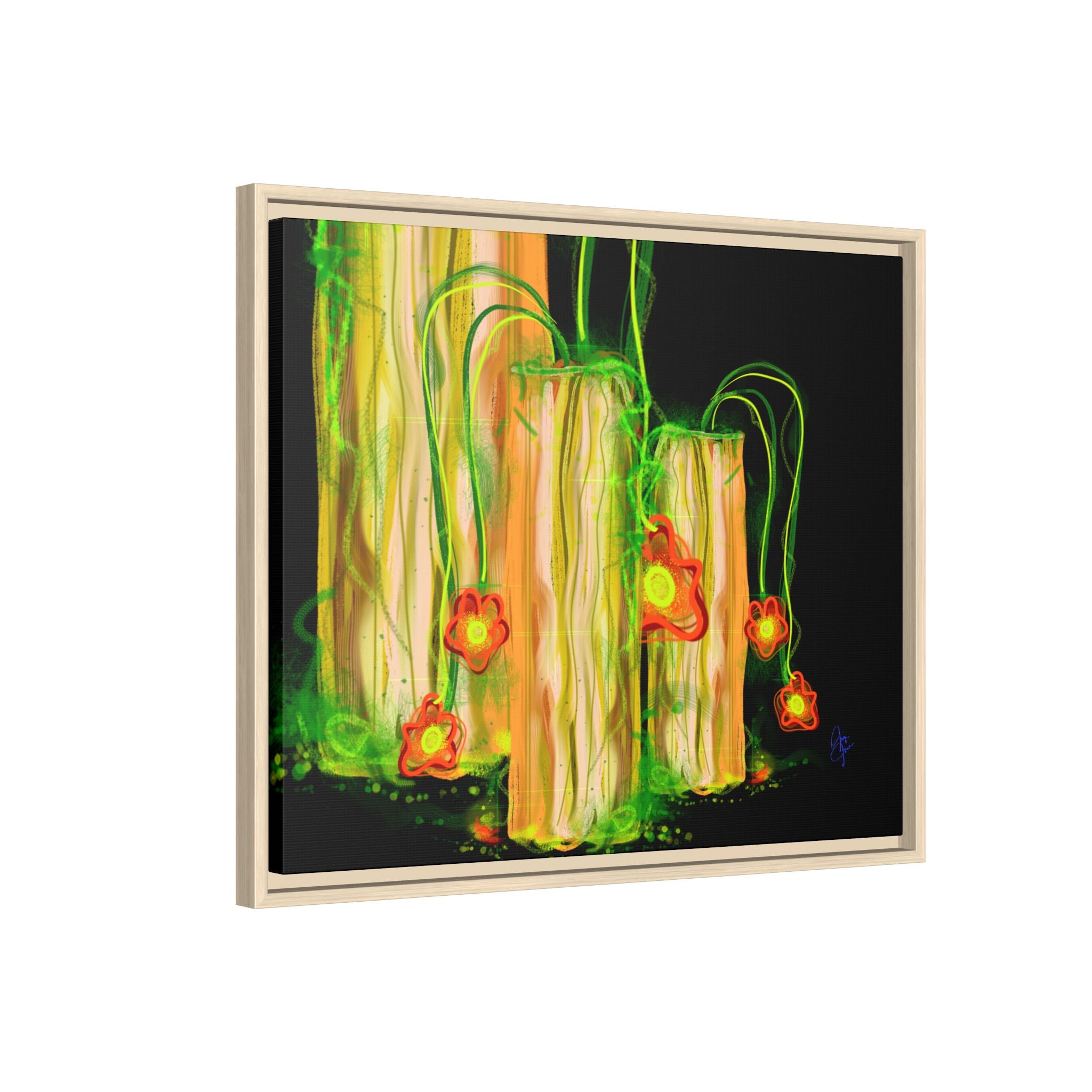 Framed Matte Canvas Print — Neon Floral Candlelight Art