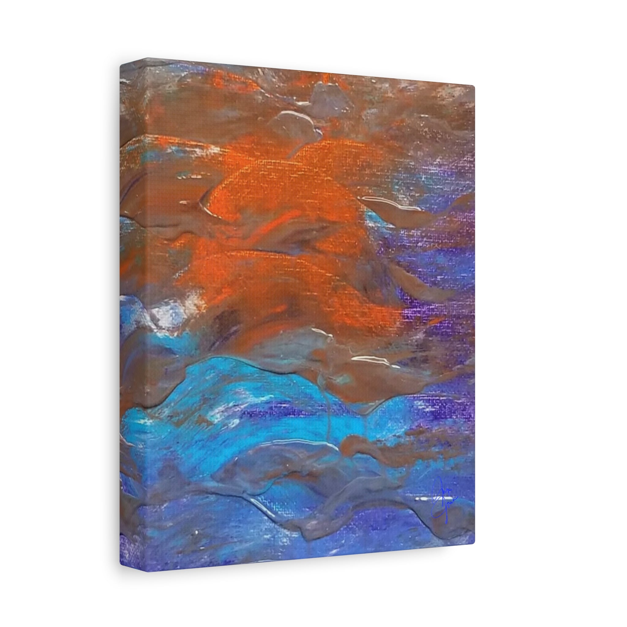Abstract Ocean Waves Matte Canvas Art - Blue & Orange Textured Stretched Canvas