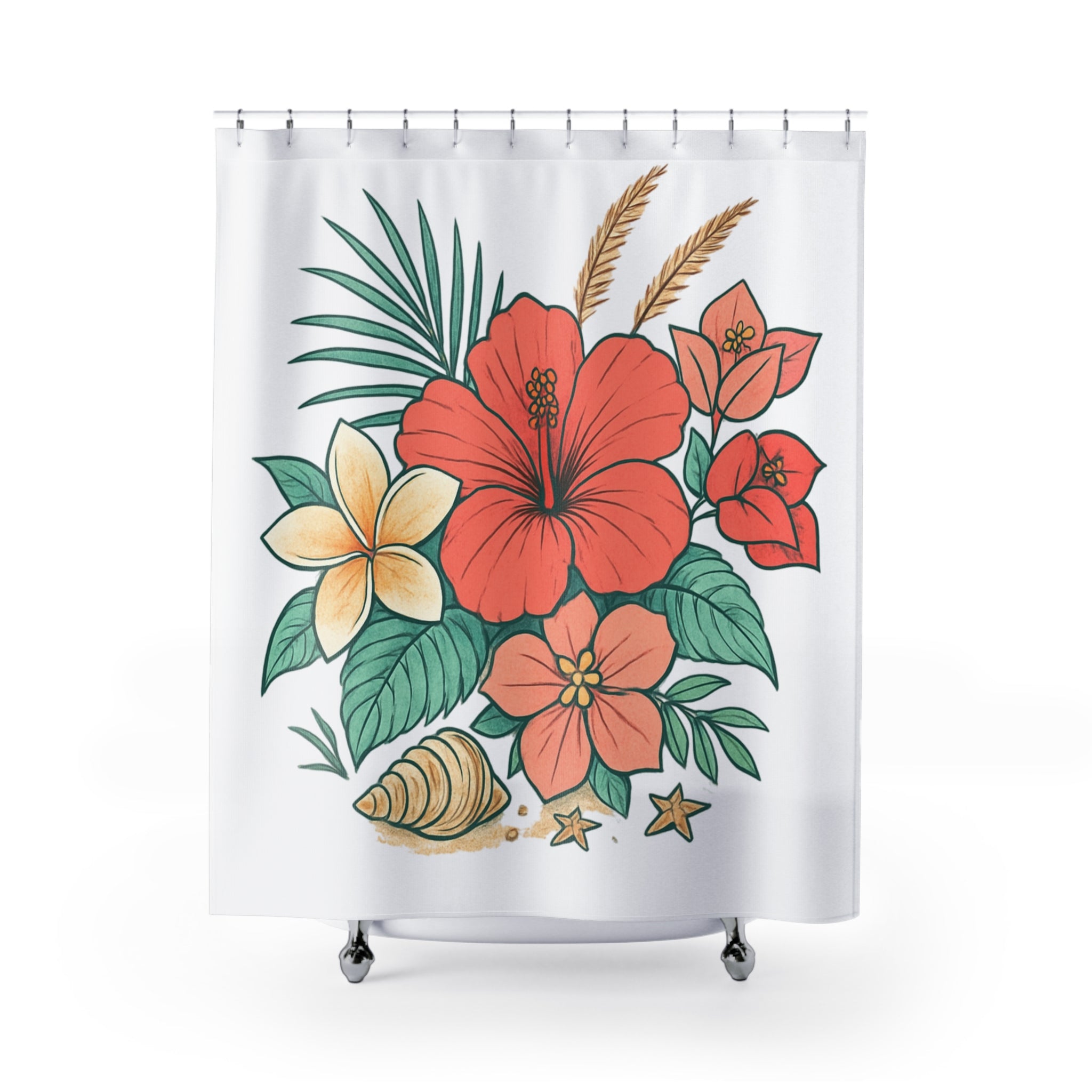 Tropical Hibiscus Shower Curtain – Floral Beach Shell Bathroom Decor