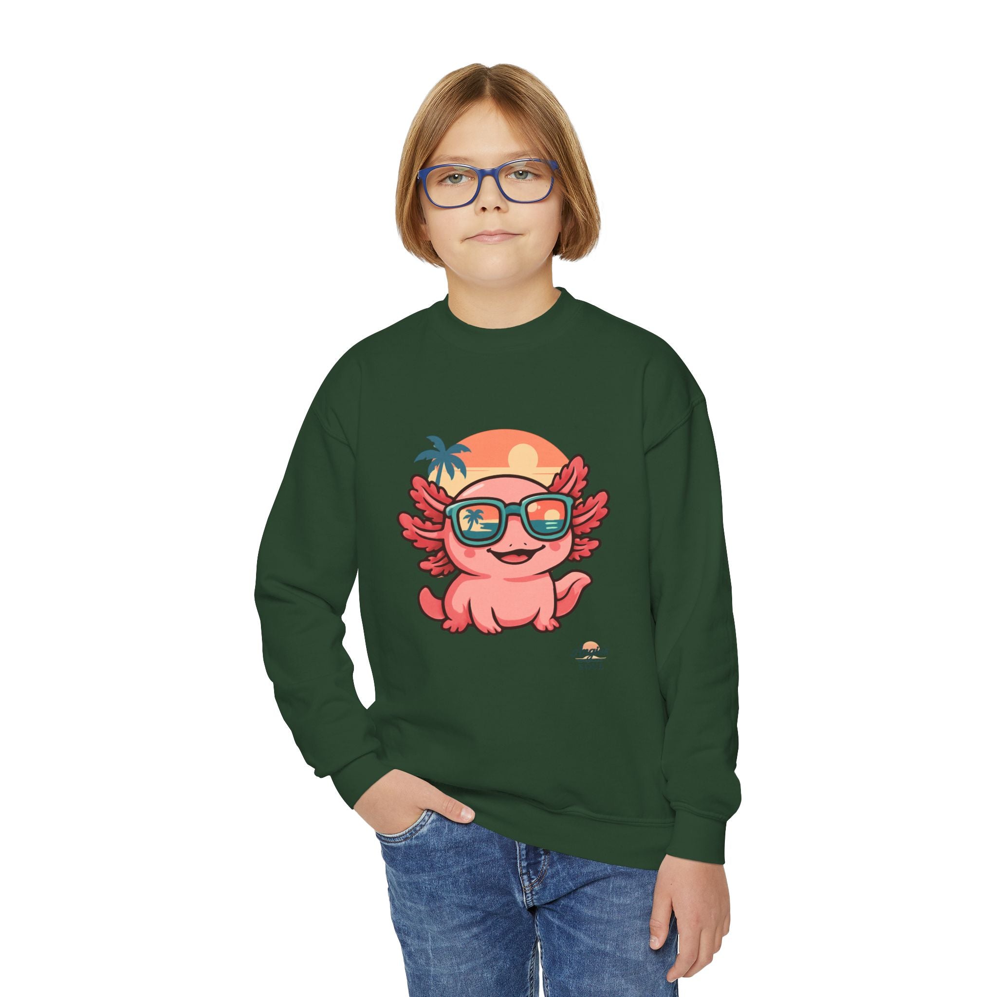 Axolotl Crewneck Sweatshirt — Cute Pink Axolotl with Sunglasses & Sunset