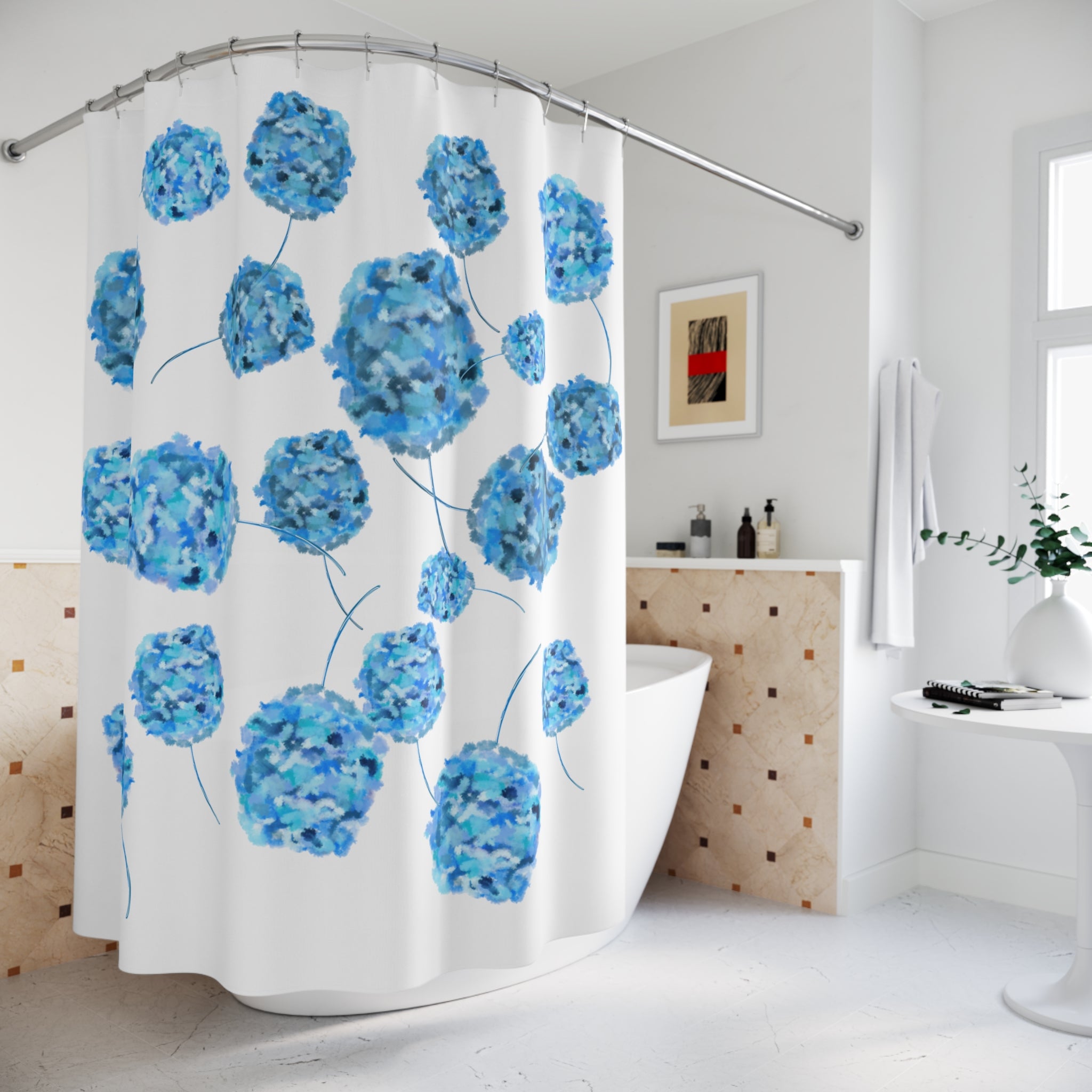 Blue Hydrangea Shower Curtain — Floral Bathroom Decor