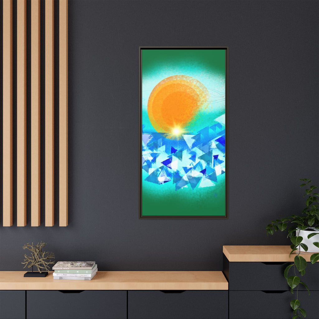 Abstract Sunrise Framed Canvas Art – Orange Sun Over Blue Geometric Waves