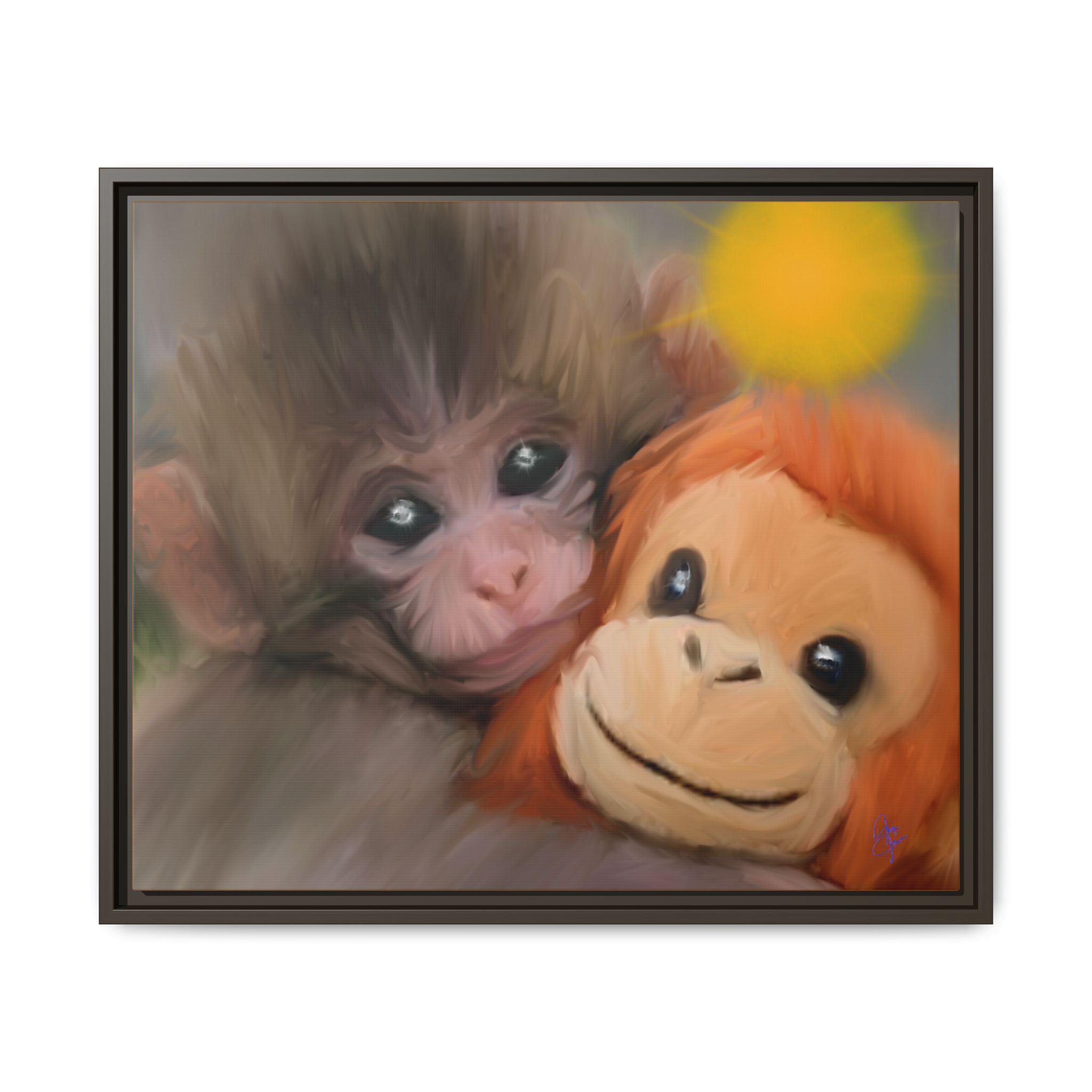 Framed Matte Canvas Print — Baby Monkey & Plush Orangutan Wall Art