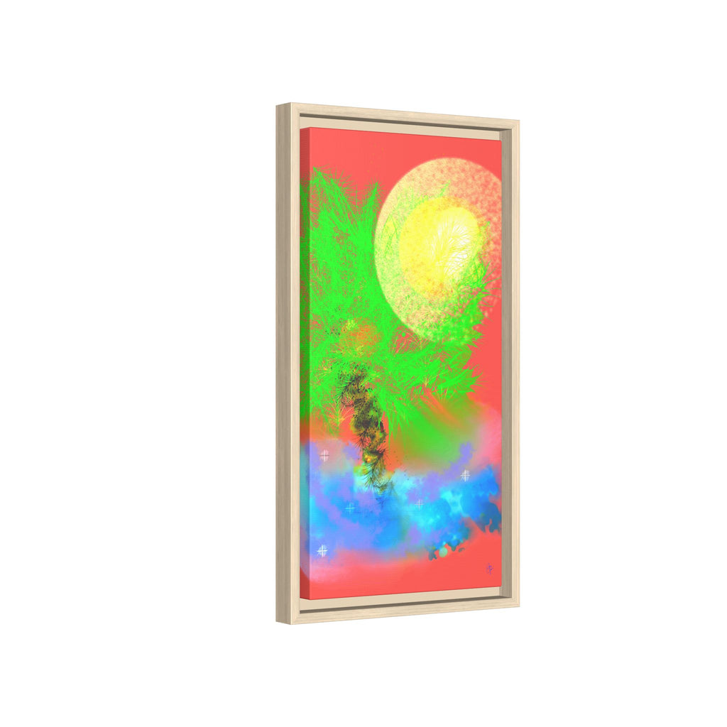 Abstract Neon Tree Matte Canvas Framed Art — Vibrant Green Moon Landscape