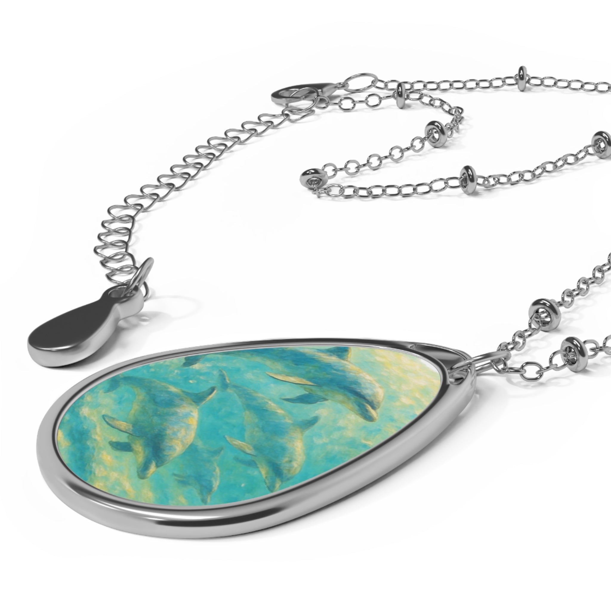 Dolphins Swimming Oval Necklace — Ocean Wave Pendant