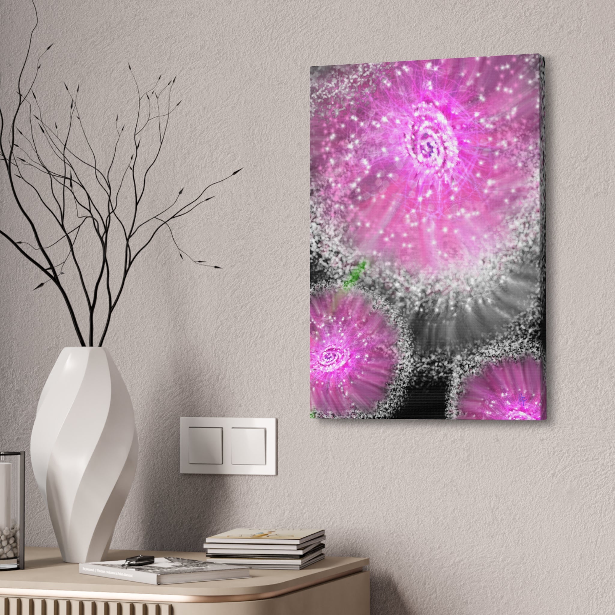 Pink Sparkle Floral Canvas Print — Abstract Dandelion Wall Art (Stretched 1.5")