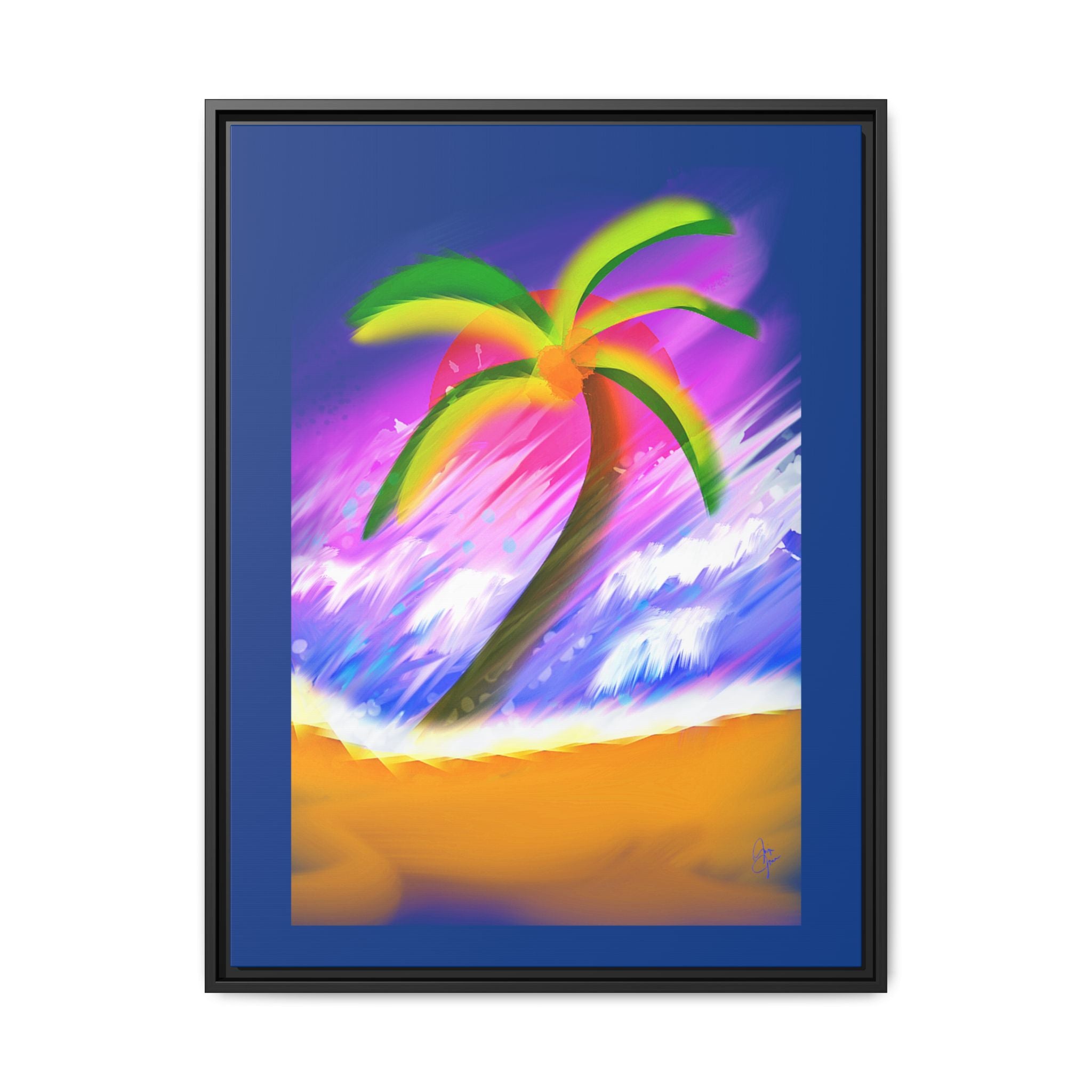 Framed Matte Canvas Print — Neon Palm Beach Art