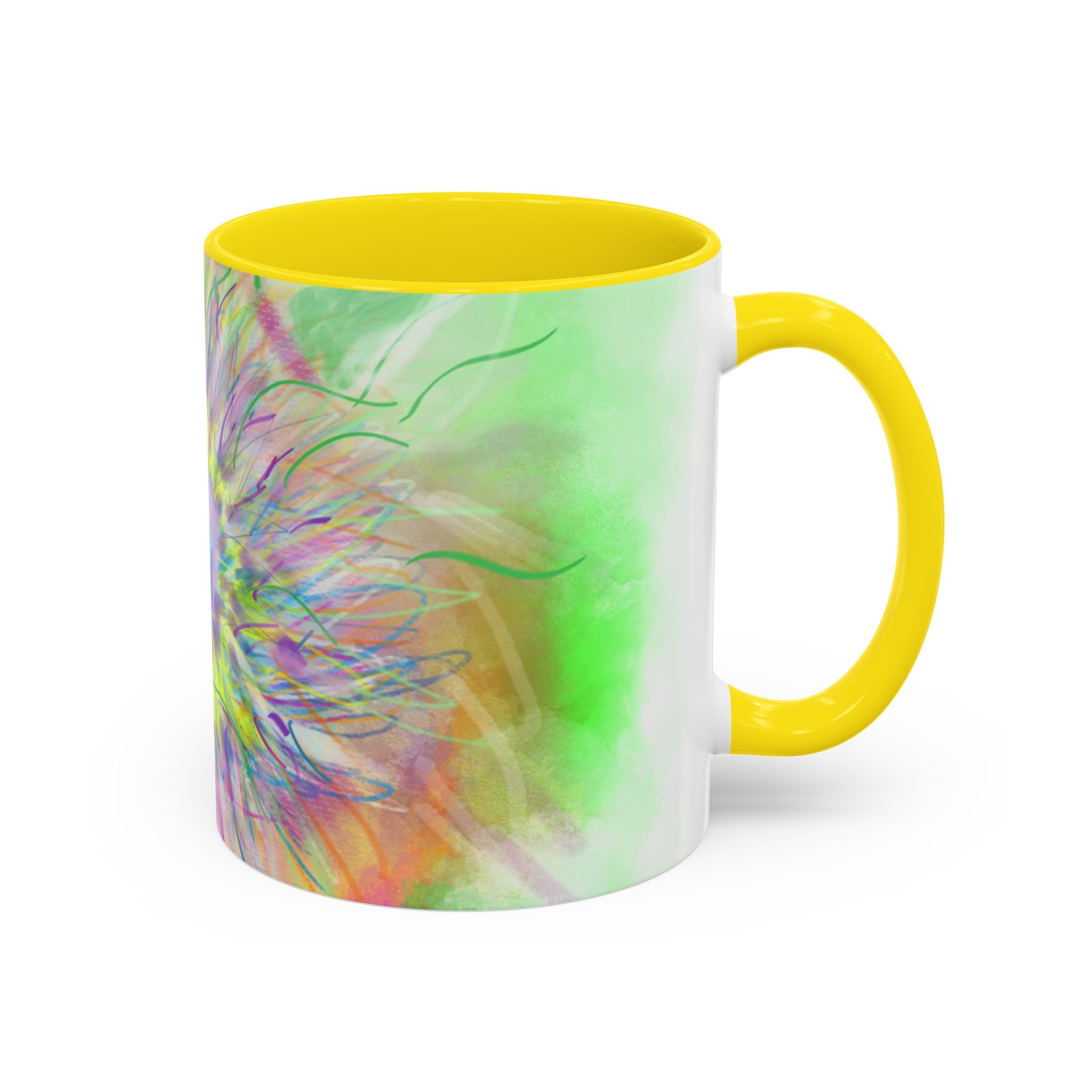 Colorful Sunflower Accent Coffee Mug — Pink Inner Artistic Floral Design (11/15 oz)