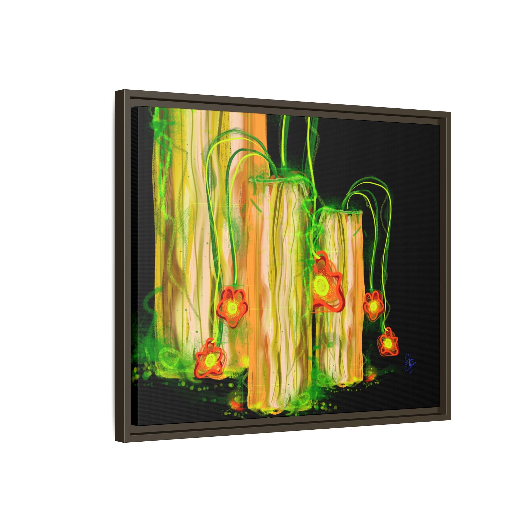 Framed Matte Canvas Print — Neon Floral Candlelight Art