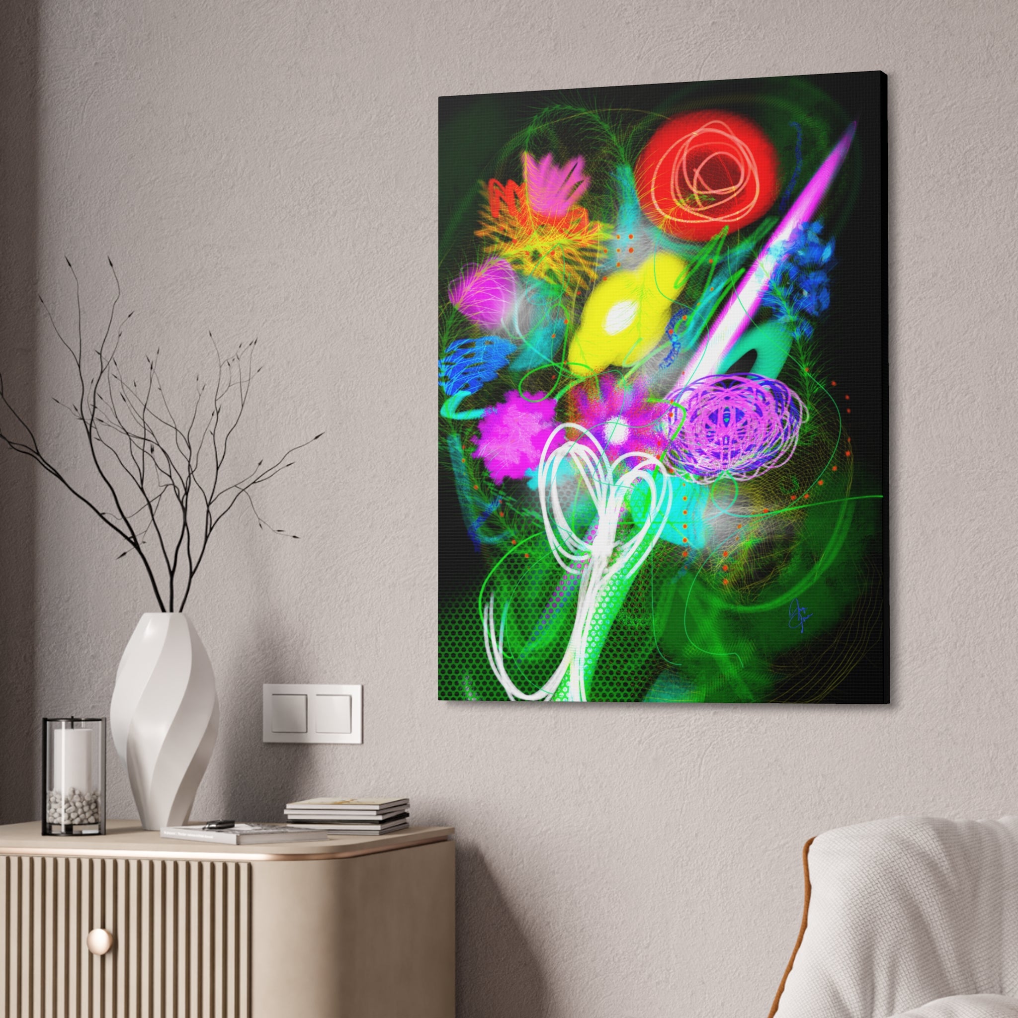 Neon Floral Abstract Canvas Print — Vibrant Glow Wall Art