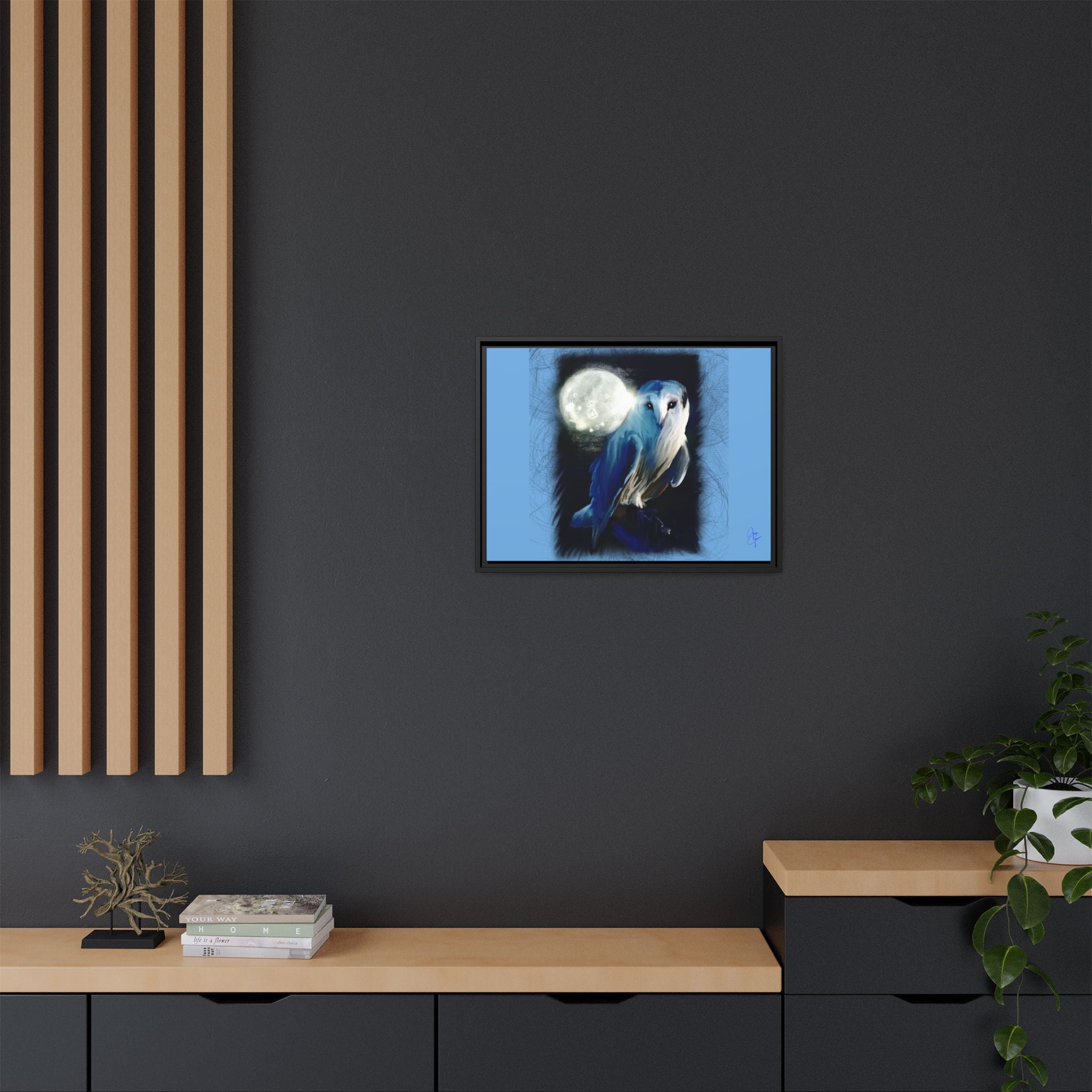 Moonlight Owl Matte Framed Canvas — Mystical Blue Owl Wall Art