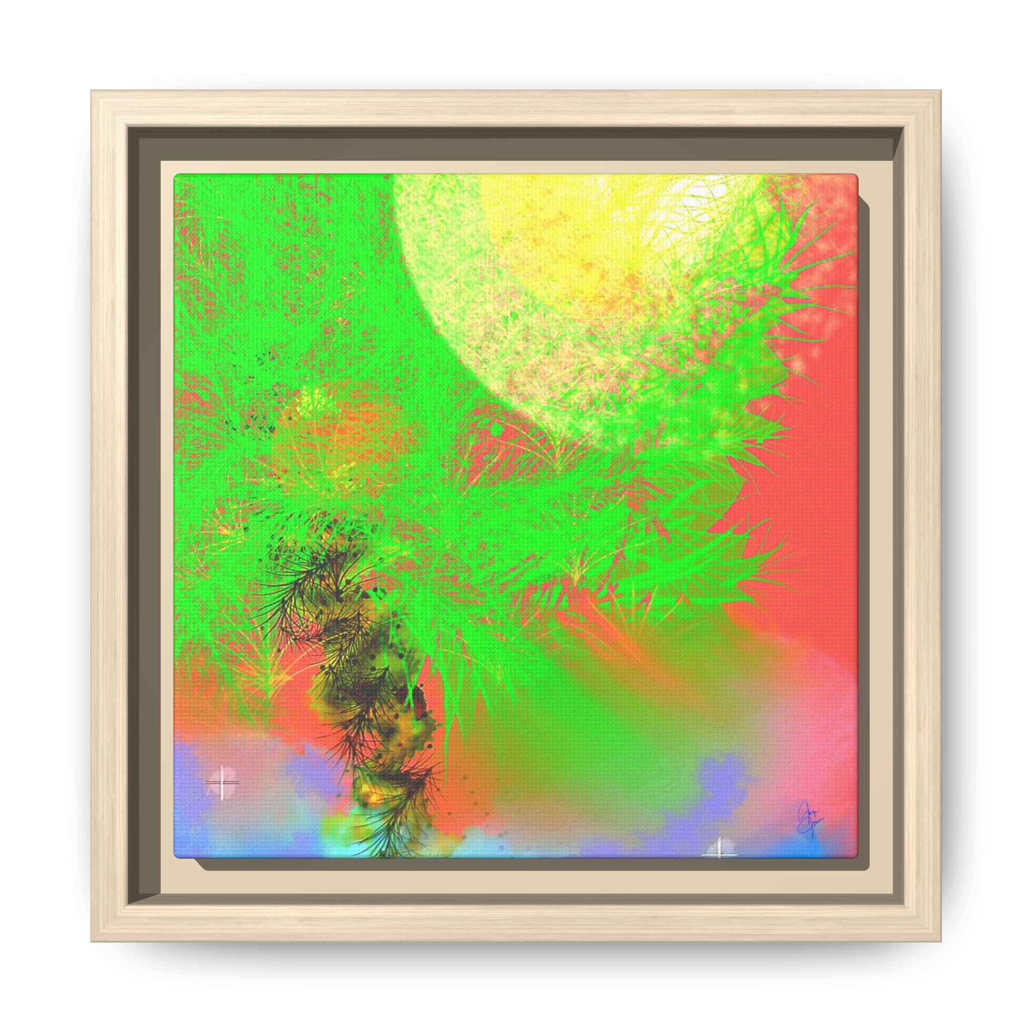 Abstract Neon Tree Matte Canvas Framed Art — Vibrant Green Moon Landscape