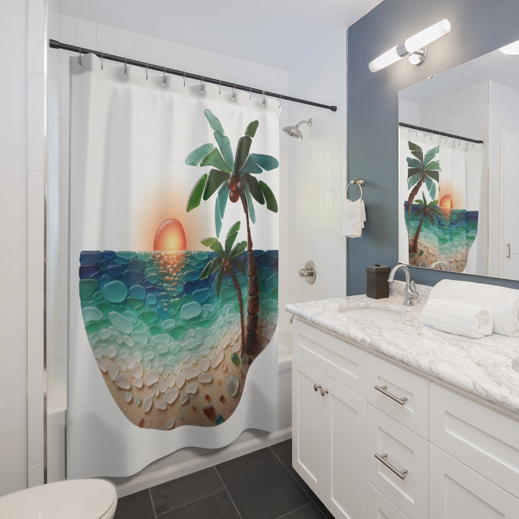 Sunset Palm Shower Curtain — Tropical Beach Waves Bathroom Decor