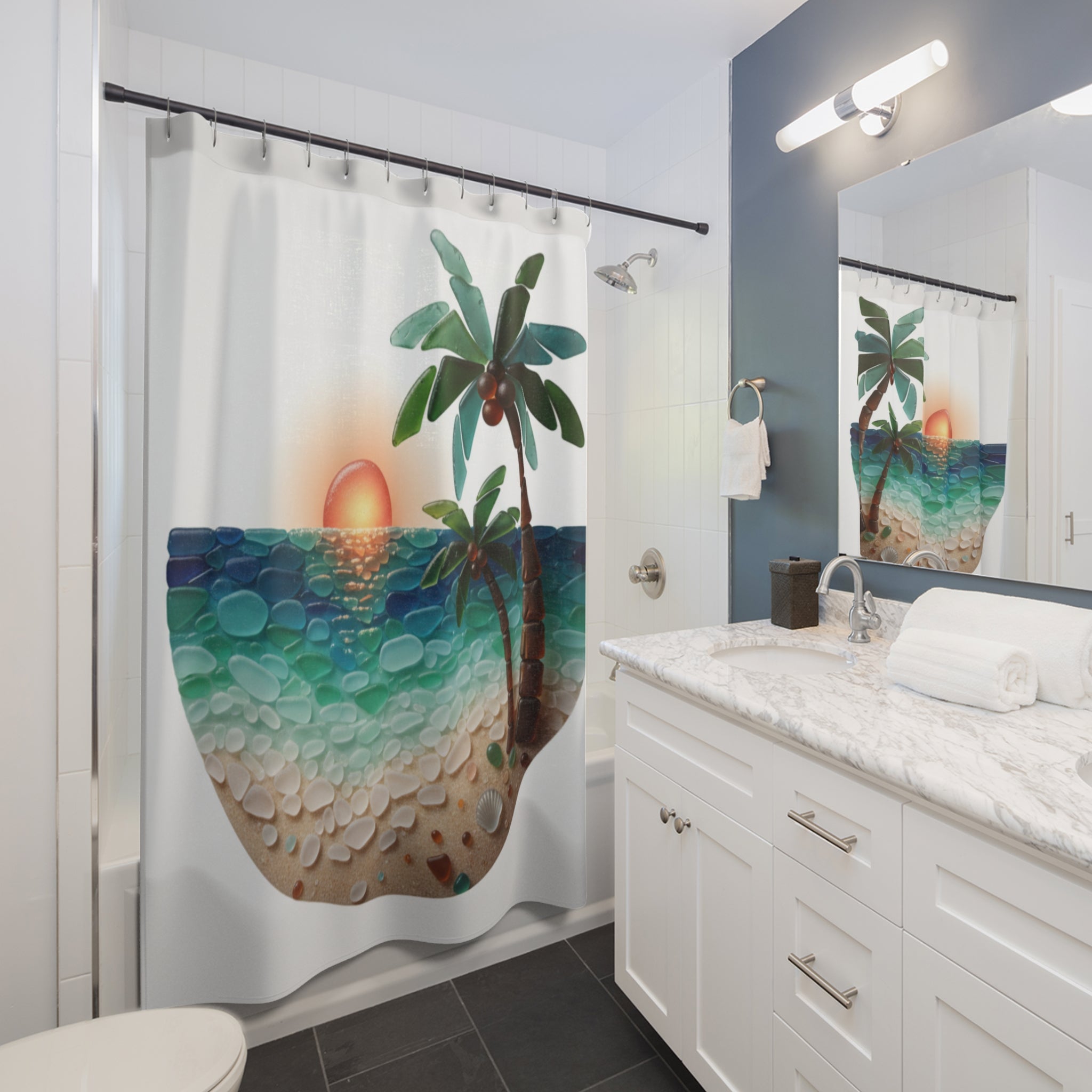 Sunset Palm Shower Curtain — Tropical Beach Waves Bathroom Decor