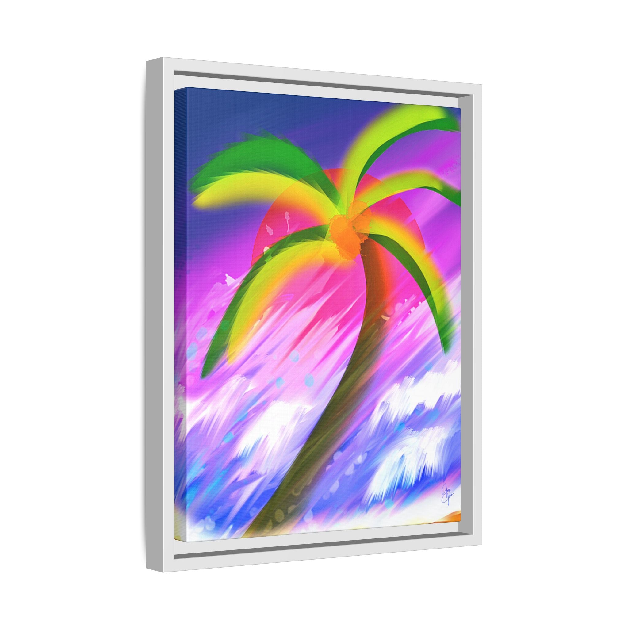 Framed Matte Canvas Print — Neon Palm Beach Art