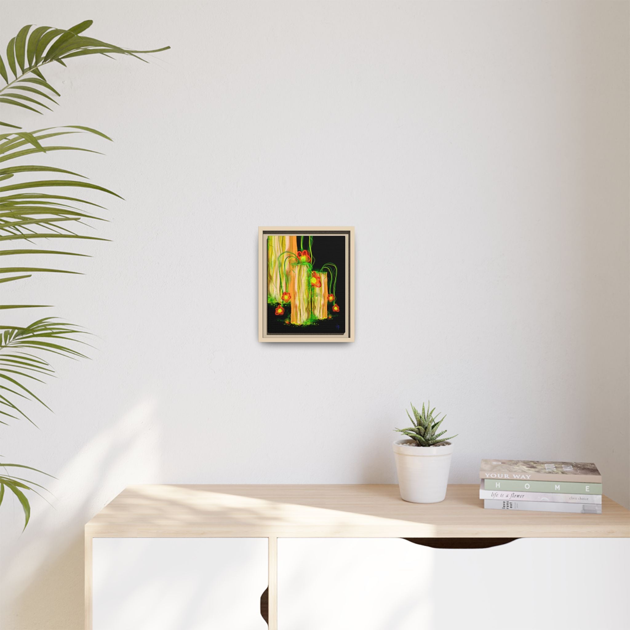 Framed Matte Canvas Print — Neon Floral Candlelight Art