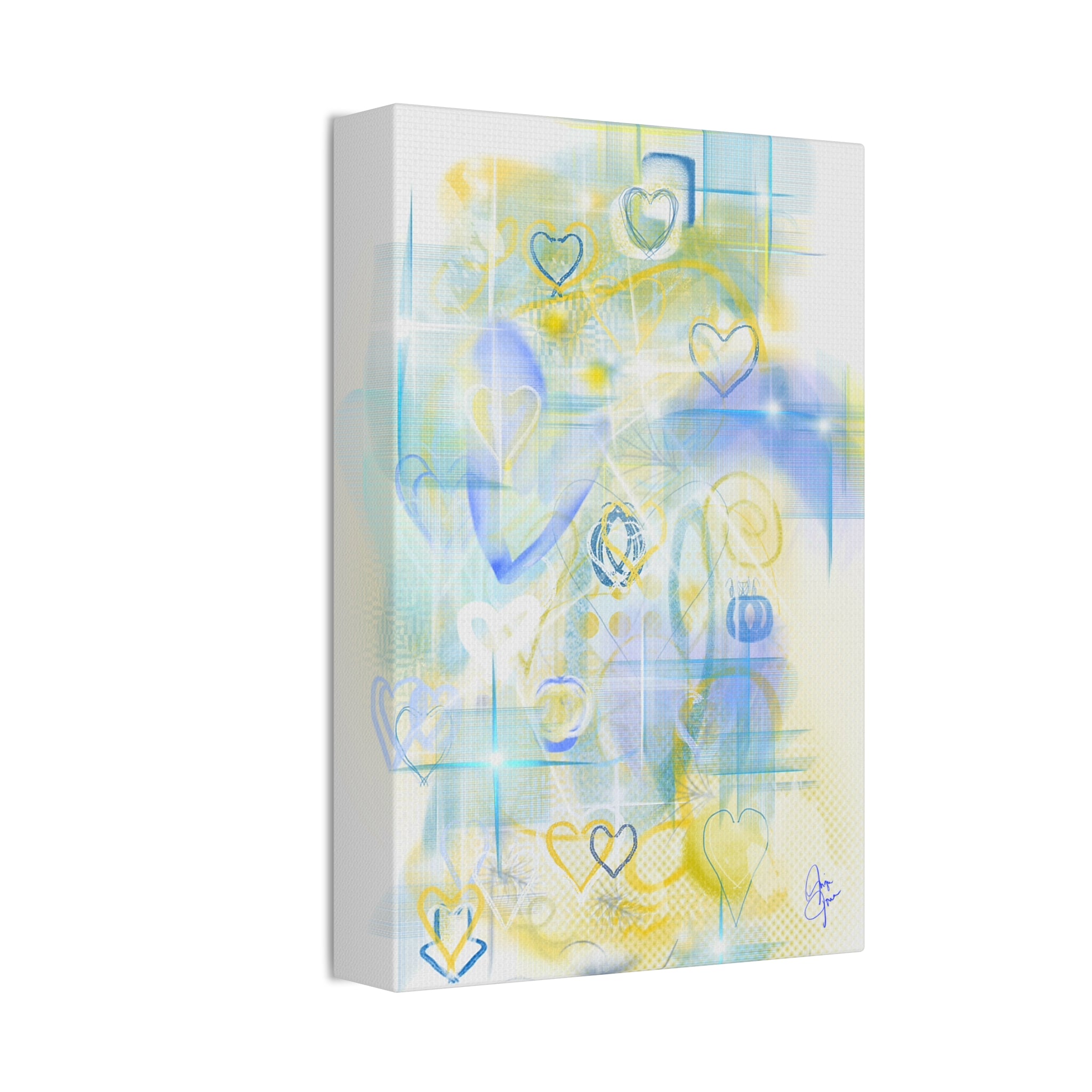 Pastel Heart Abstract Canvas Print — Blue & Yellow Stretched Wall Art (1.5")