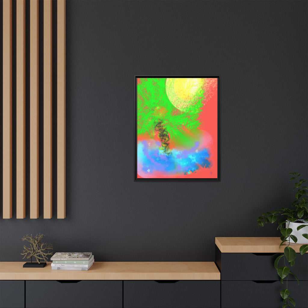 Abstract Neon Tree Matte Canvas Framed Art — Vibrant Green Moon Landscape
