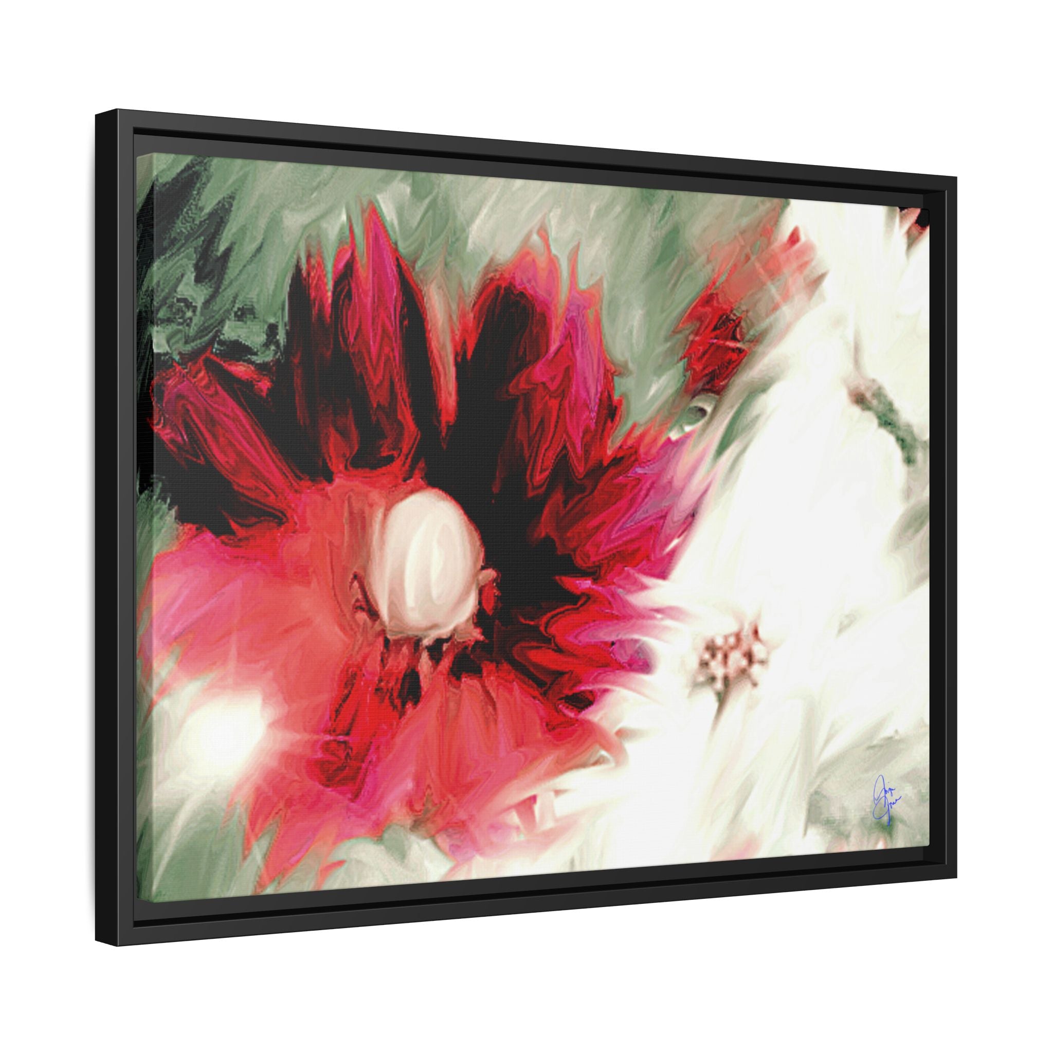Framed Matte Canvas Print — Blurred Red & White Floral Art