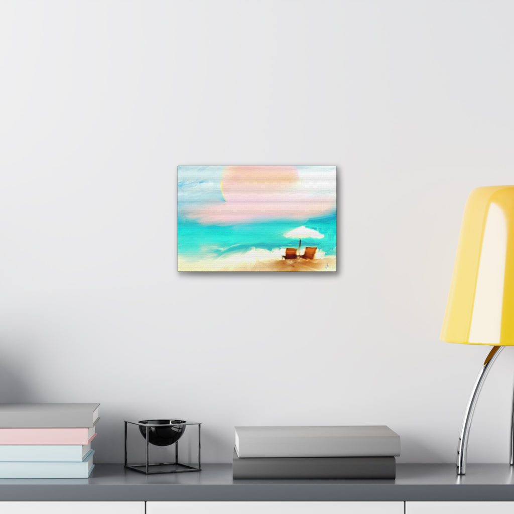 Beach Sunset Canvas Wall Art — Tropical Chairs & Umbrella Stretched Canvas