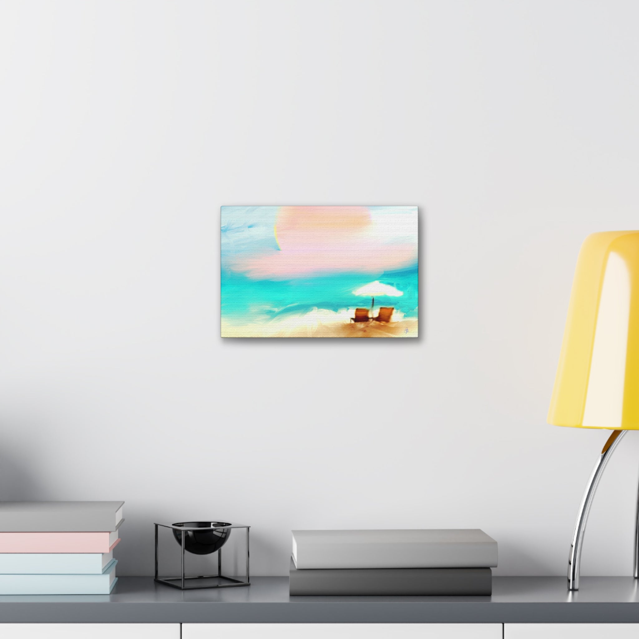 Beach Sunset Canvas Wall Art — Tropical Chairs & Umbrella Stretched Canvas