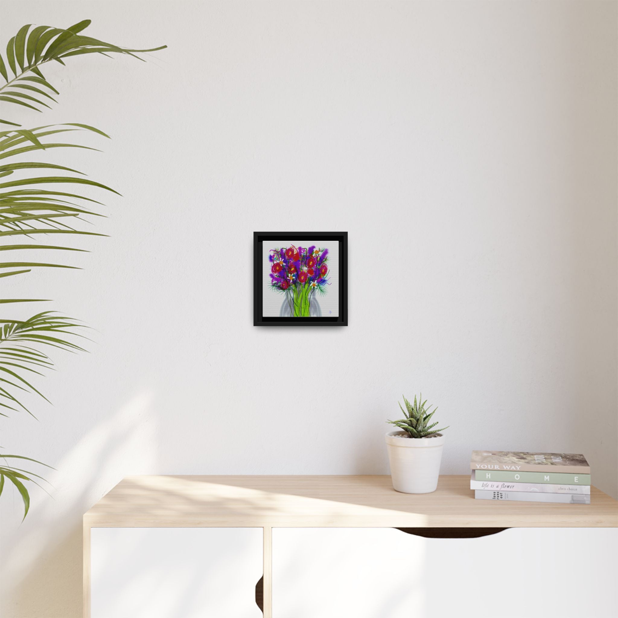 Framed Floral Bouquet Matte Canvas Wall Art — Colorful Abstract Flowers in Vase