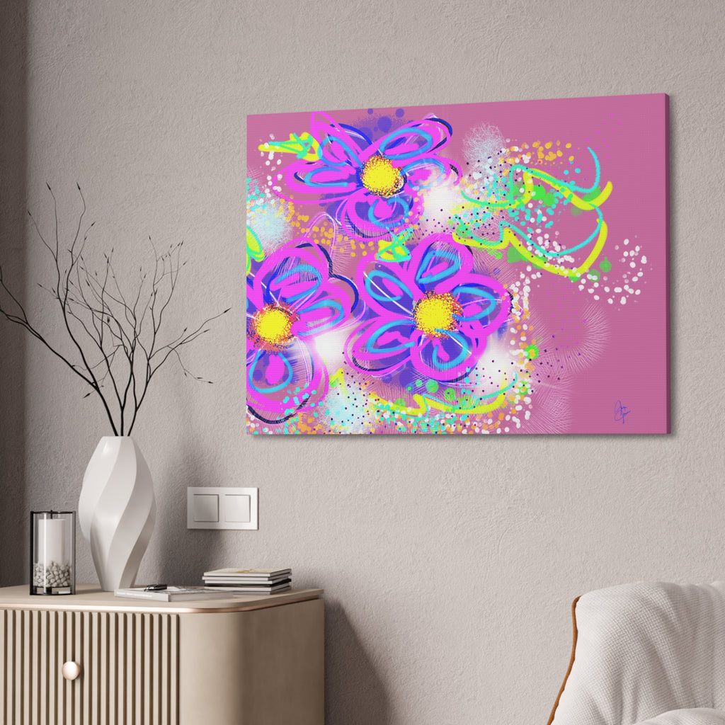 Vibrant Neon Floral Canvas Print — Pink & Green Stretched Wall Art