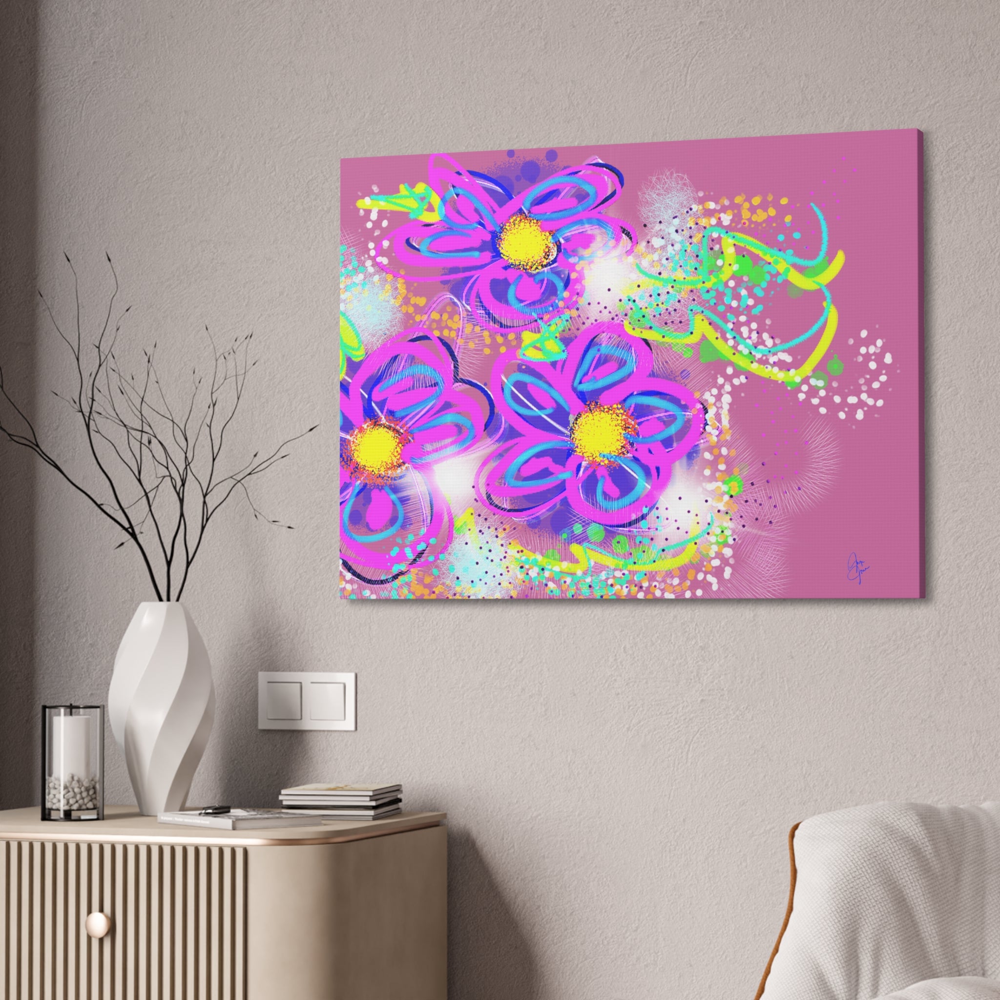 Vibrant Neon Floral Canvas Print — Pink & Green Stretched Wall Art
