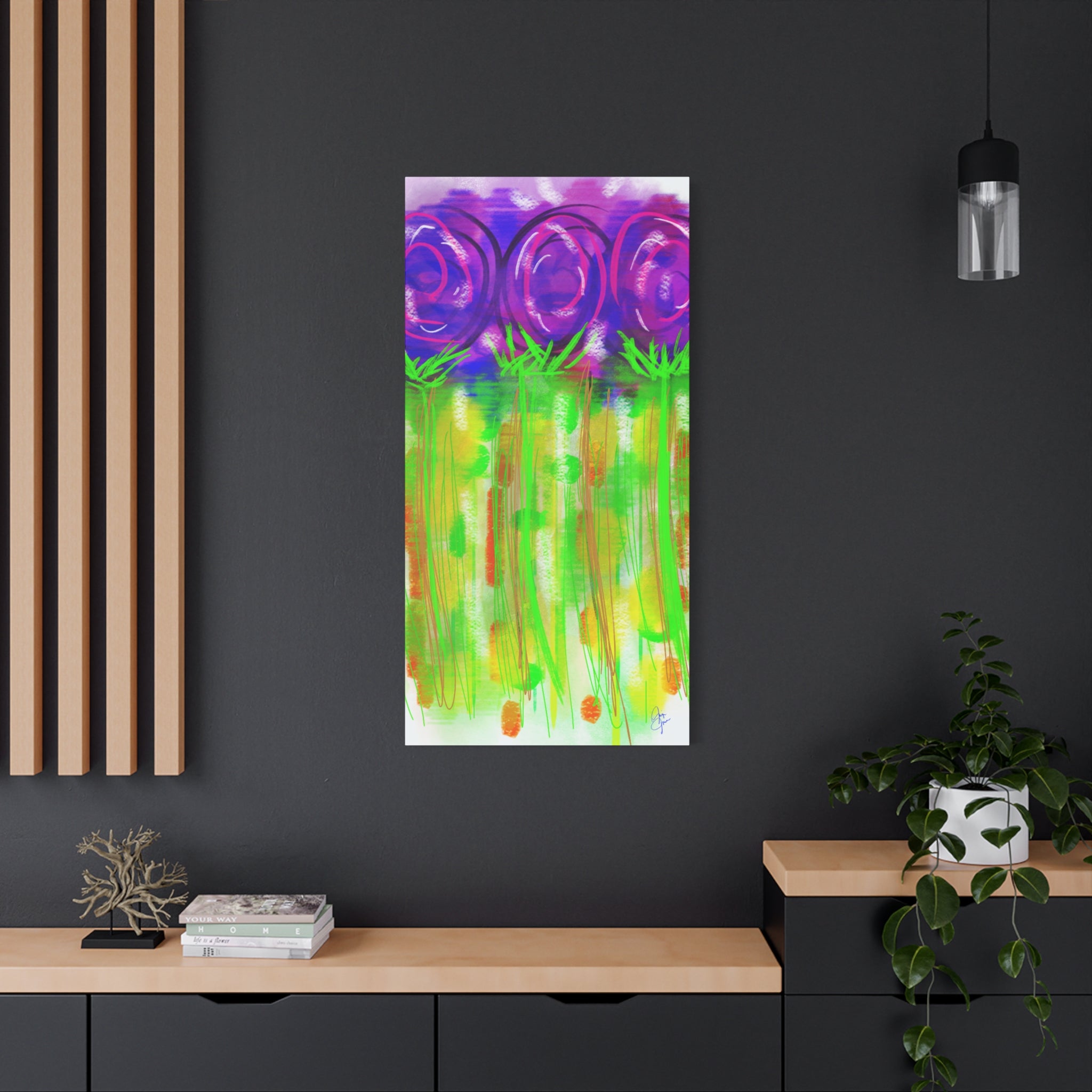 Abstract Purple Flowers Matte Canvas Wall Art — Vibrant Floral Painting on Stretched Canvas