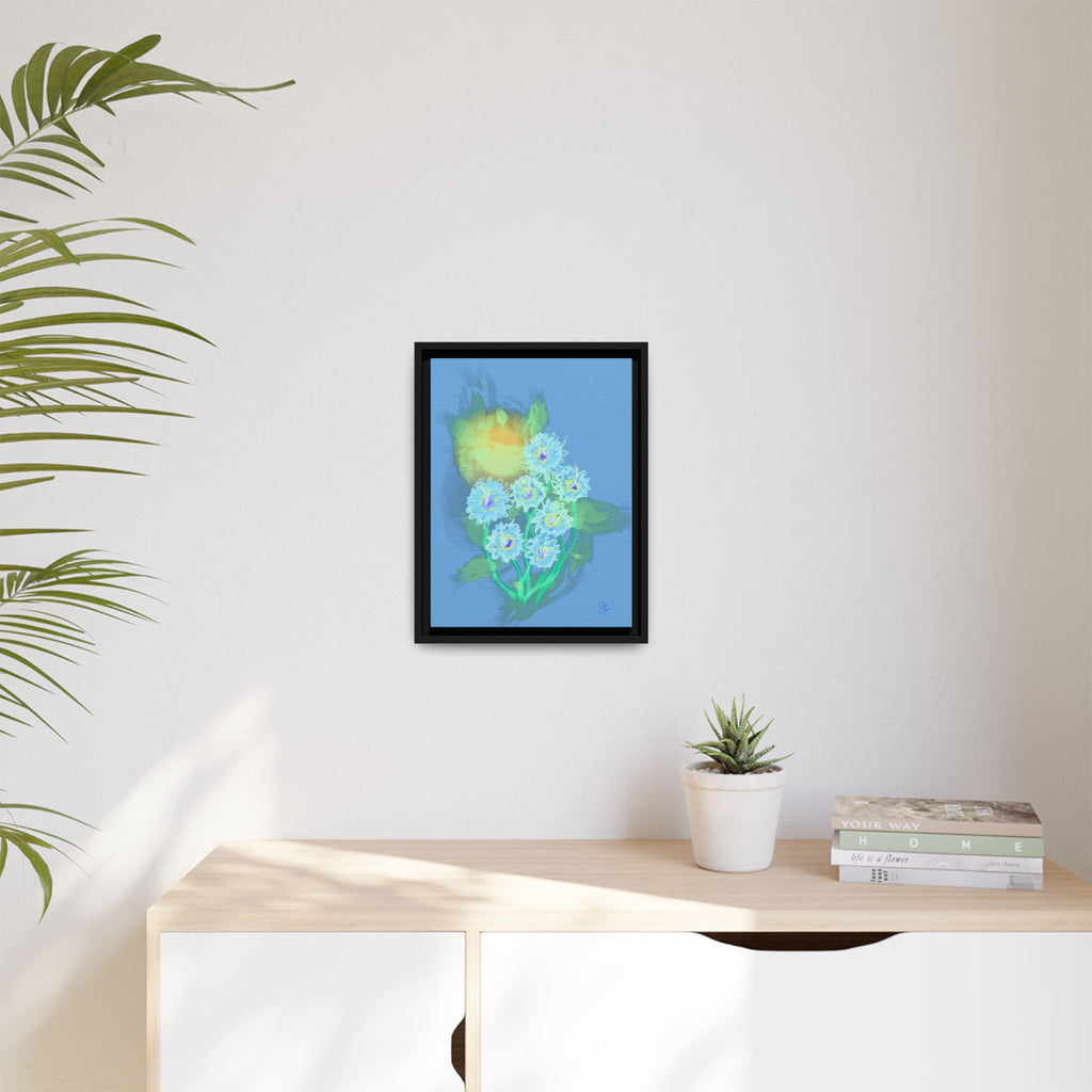 Framed Floral Canvas Art — Blue & Yellow Abstract Bouquet (Matte)