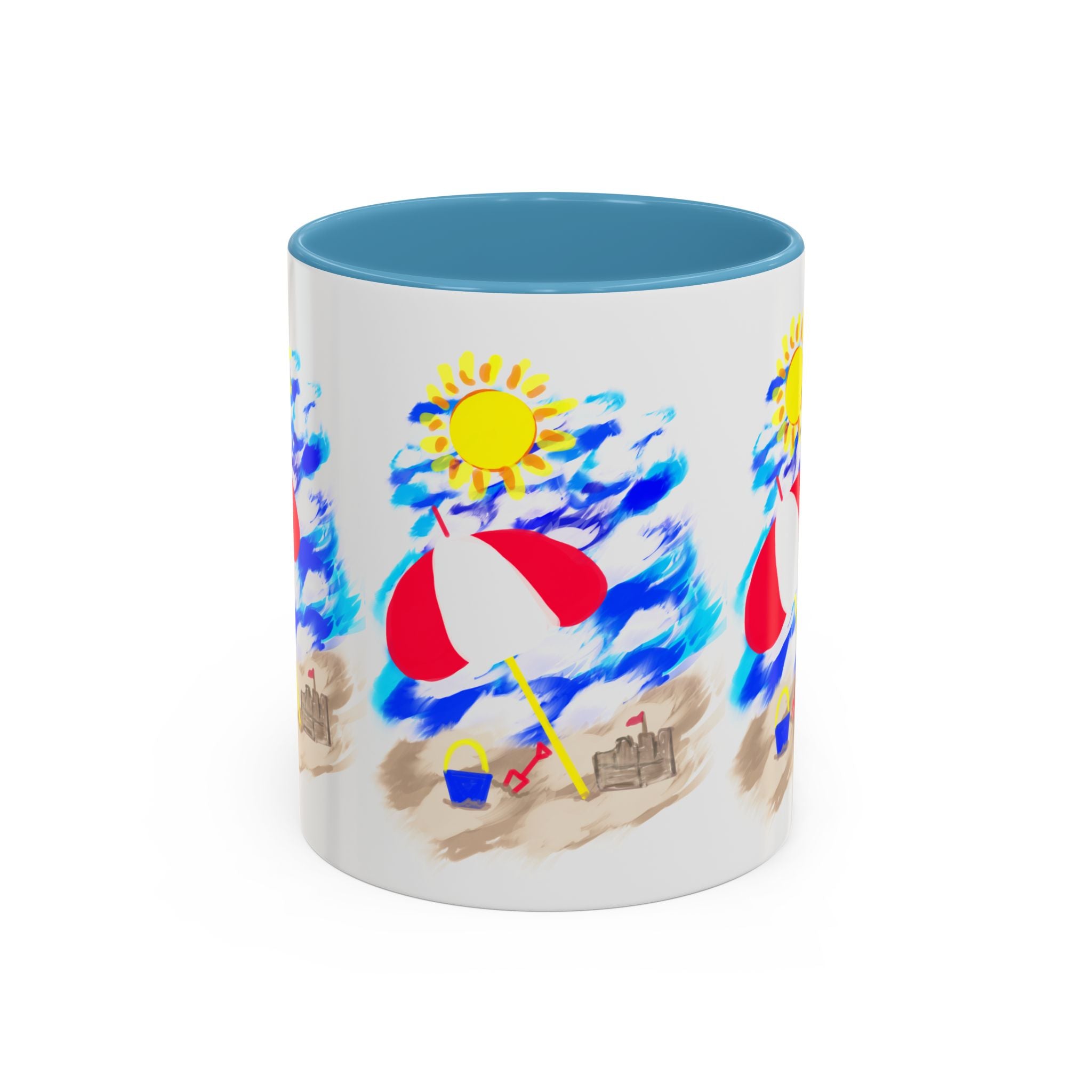 Beach Scene Coffee Mug – Summer Umbrella, Sun & Sandcastle Accent Mug