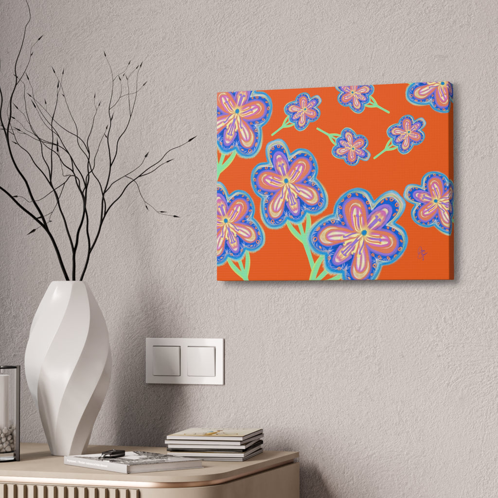Floral Pop Canvas — Bright Blue Hand-Drawn Flowers Stretched Canvas