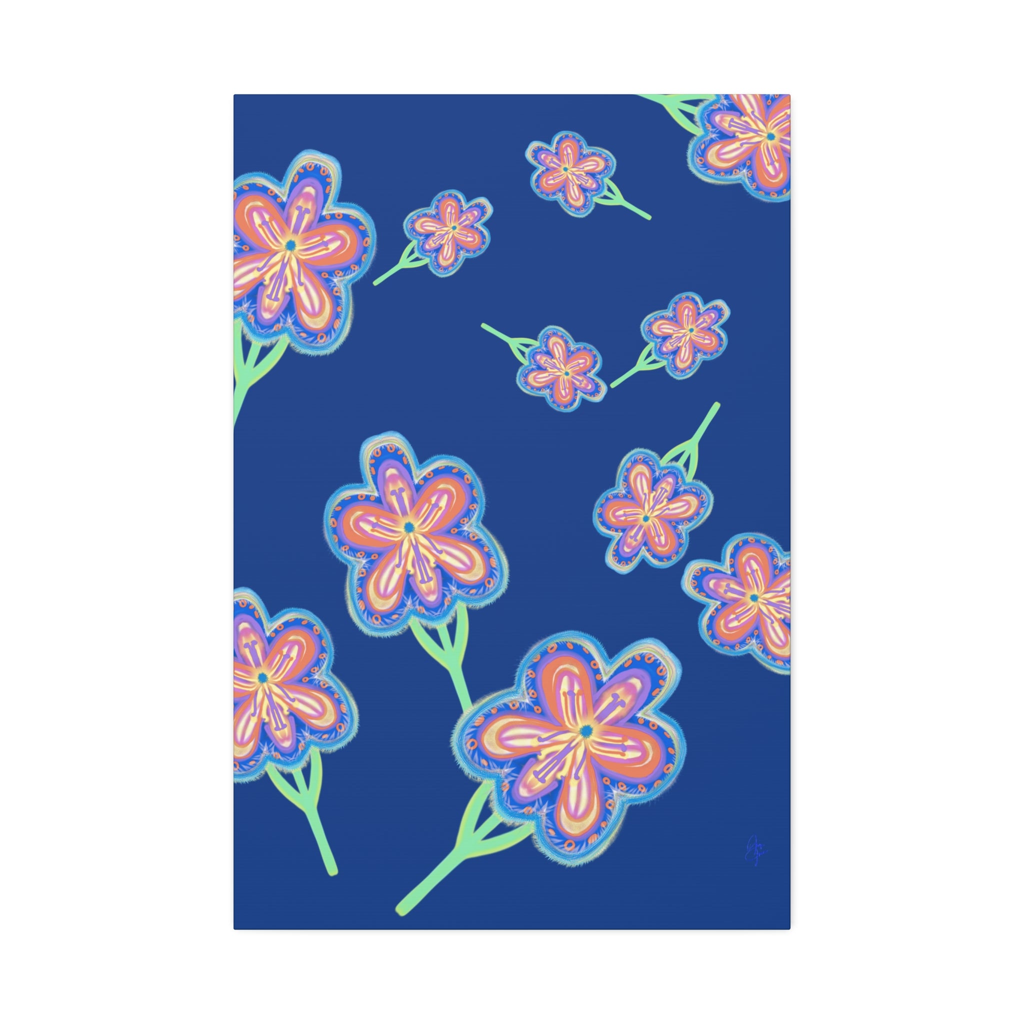 Floral Pop Canvas — Bright Blue Hand-Drawn Flowers Stretched Canvas