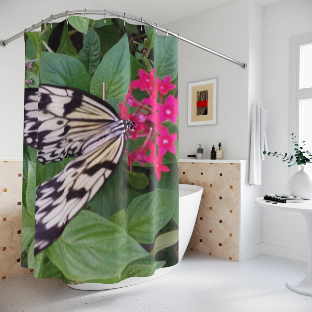 Butterfly on Pink Flower Shower Curtain — Botanical Nature Bathroom Decor