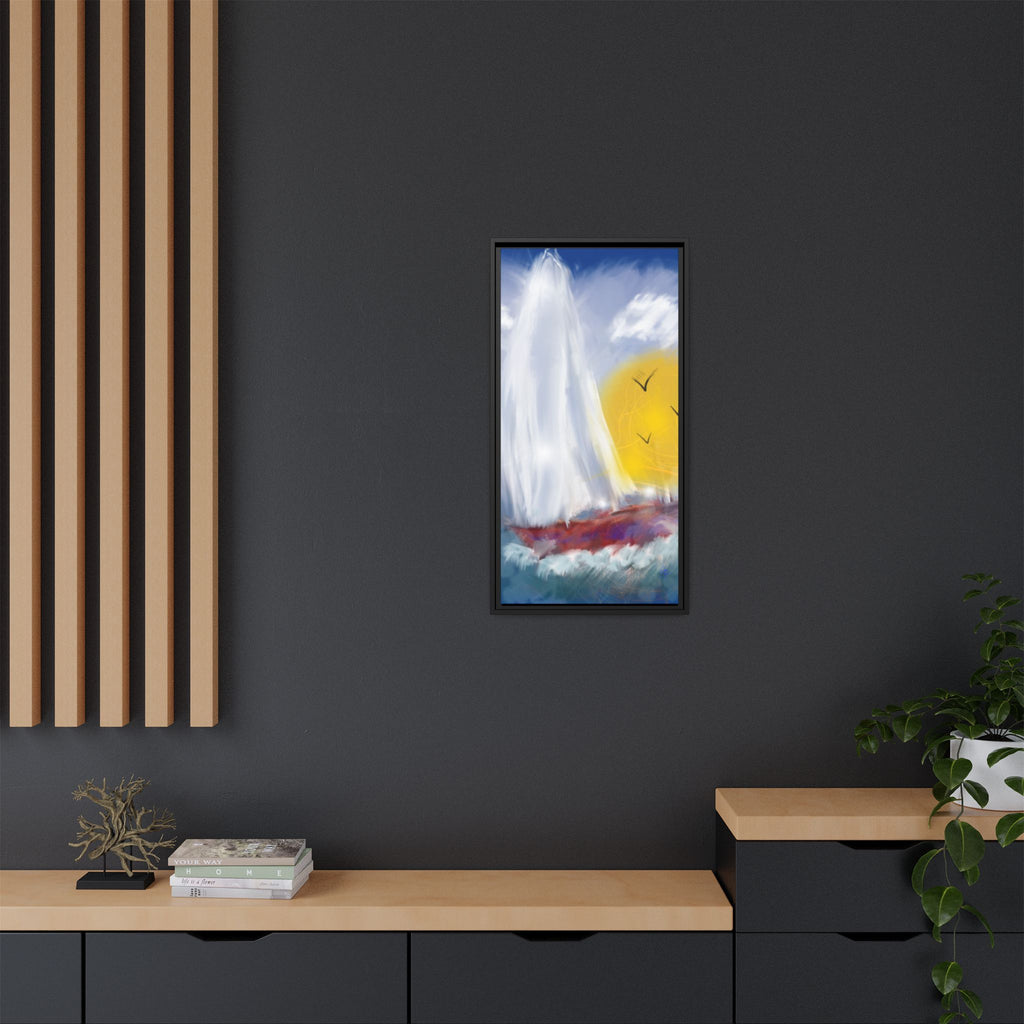Sailboat Sunset Matte Framed Canvas Print — Coastal Seascape Wall Art